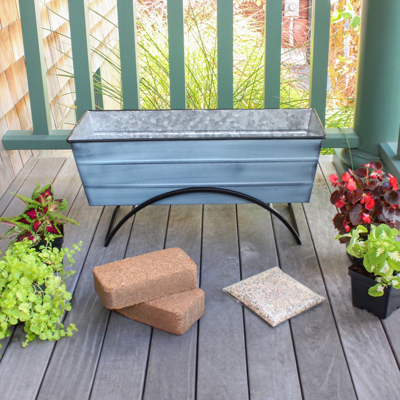 Achla Bloom Box Garden Growing Kit Medium Blue with Odette Stand | Galvanized Steel and Wrought Iron | Deck, Porch & Balcony | Model C-20NB-S-GK2