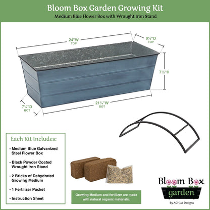 Achla Bloom Box Garden Growing Kit Medium Blue | Galvanized Steel and Wrought Iron | Deck, Porch & Balcony Container Garden | Model C-20NB-S-GK2