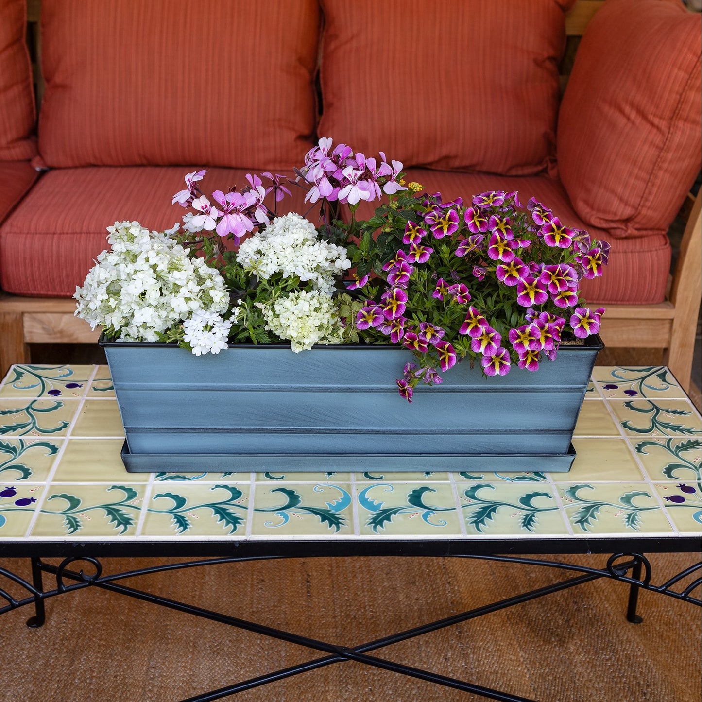 Achla Medium Blue Flower Box with Tray Kit | Galvanized Steel Nantucket Blue | Deck, Balcony & Porch Planter | 24 x 10 x 8 in | Model C-20NB-T
