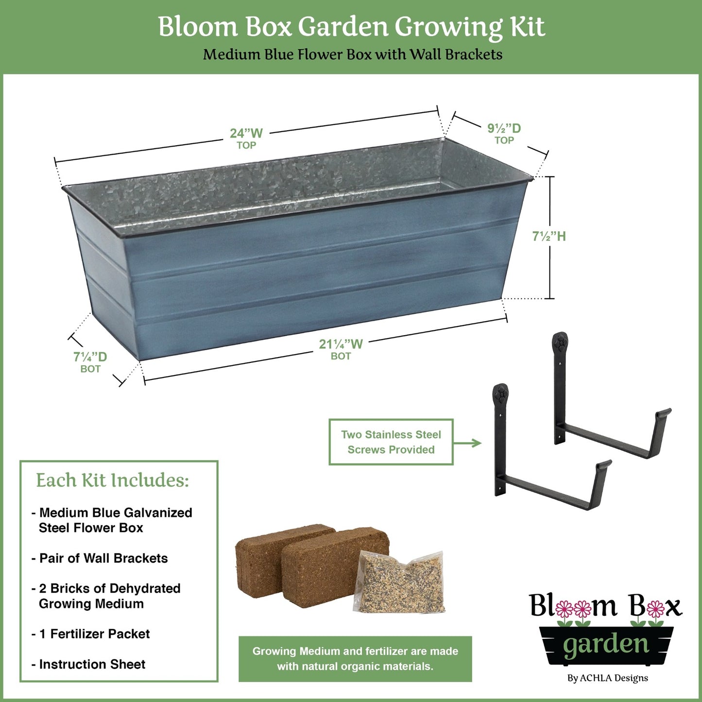 Achla Bloom Box Garden Growing Kit Medium Blue | Galvanized Steel and Wrought Iron Wall-Mounted Planter | Deck, Porch & Balcony | Model C-20NB-WM-GK2
