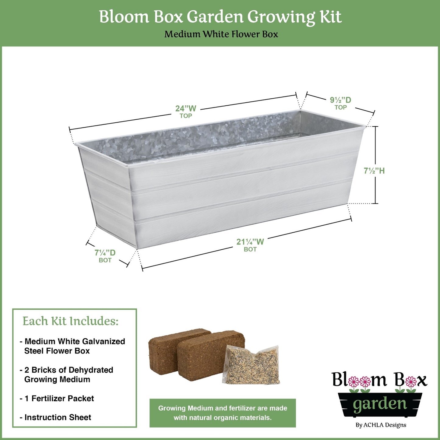 Achla Bloom Box Garden Growing Kit Medium White | Galvanized Steel Cape Cod White | Deck, Porch & Balcony Container Garden | 24 x 9.5 | Model C-20W-GK2