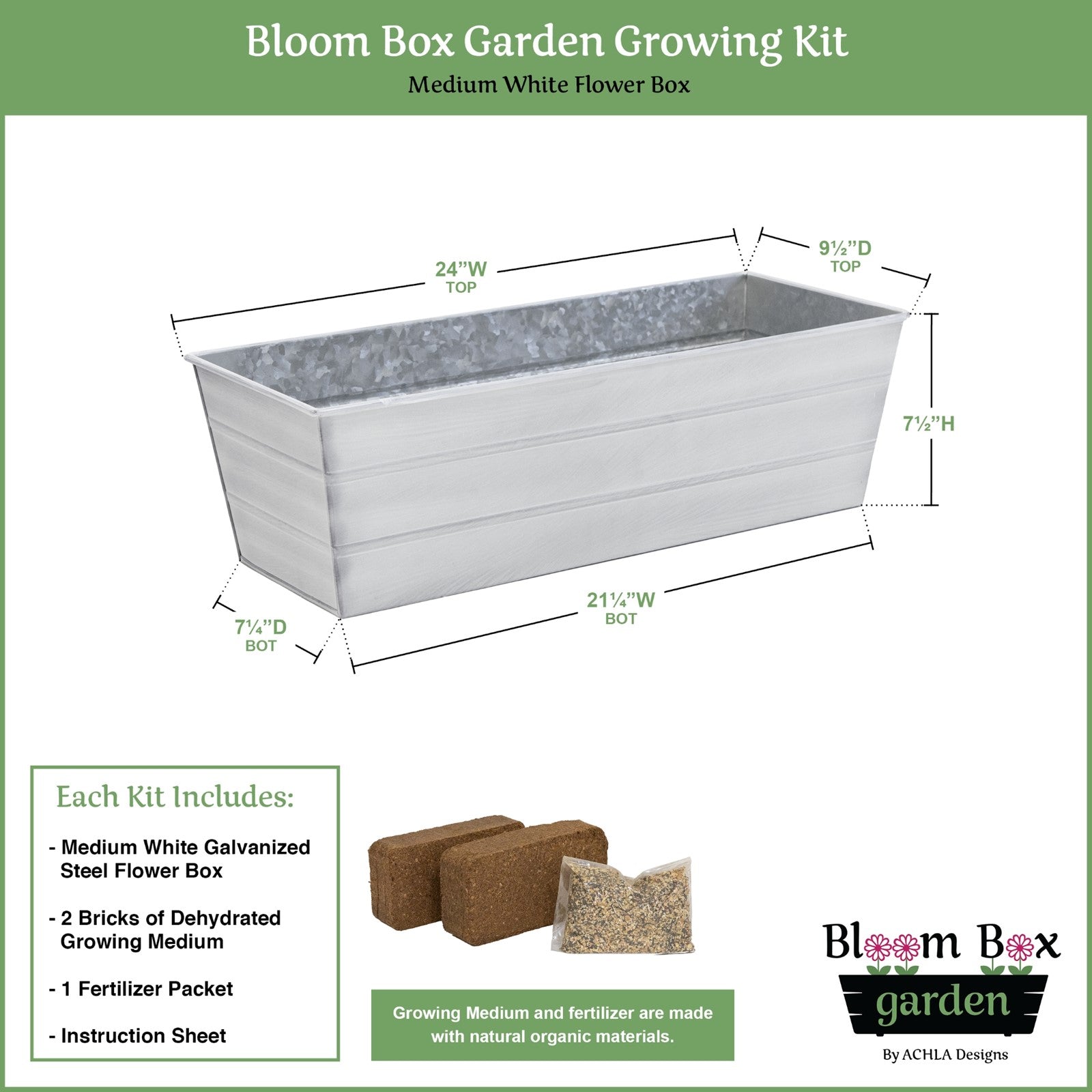 Achla Bloom Box Garden Growing Kit Medium White | Galvanized Steel Cape Cod White | Deck, Porch & Balcony Container Garden | 24 x 9.5 | Model C-20W-GK2