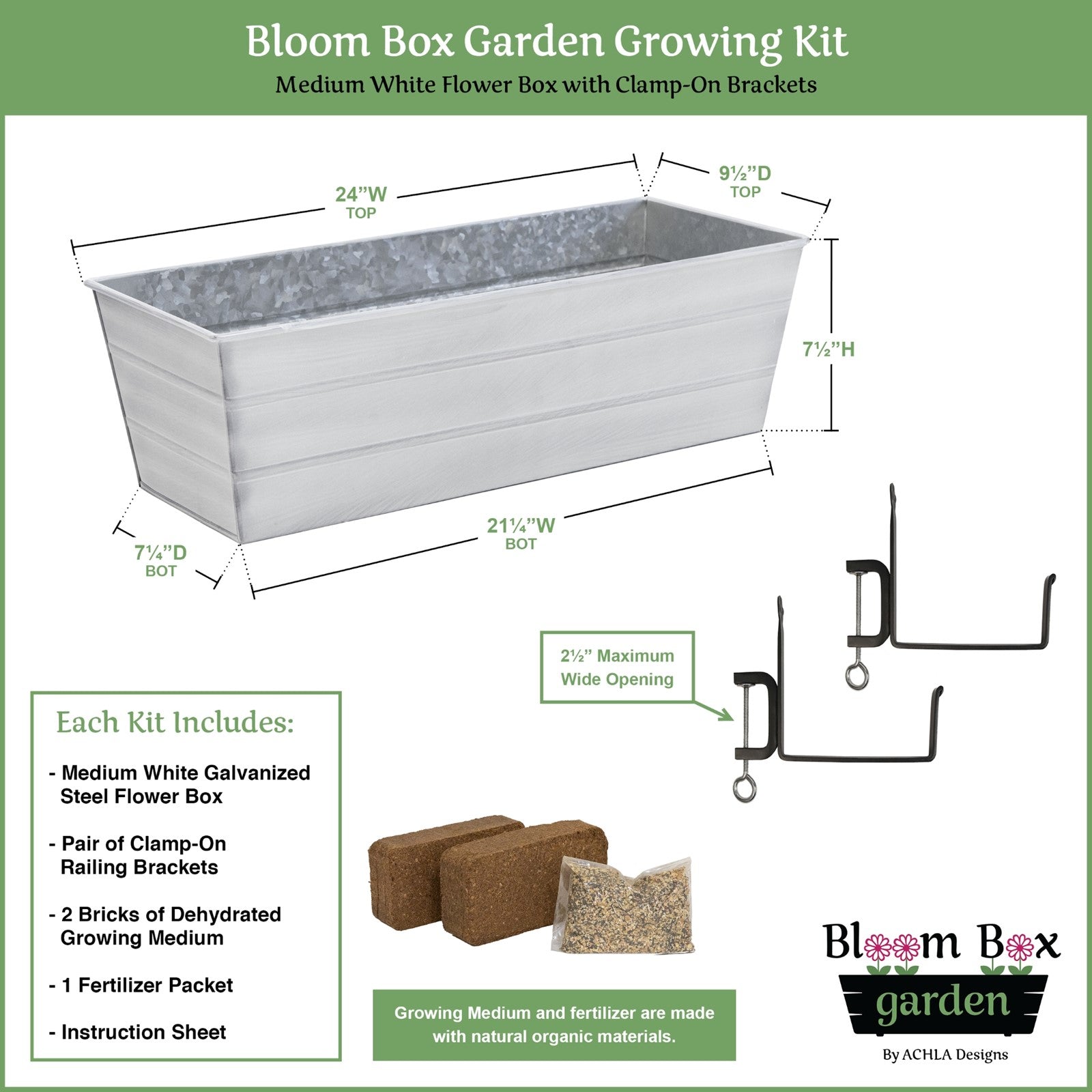 Achla Bloom Box Garden Growing Kit, Medium White | Galvanized Steel and Wrought Iron | Deck & Balcony Container Garden | 24 x 11 | Model C-20W-RM-GK2
