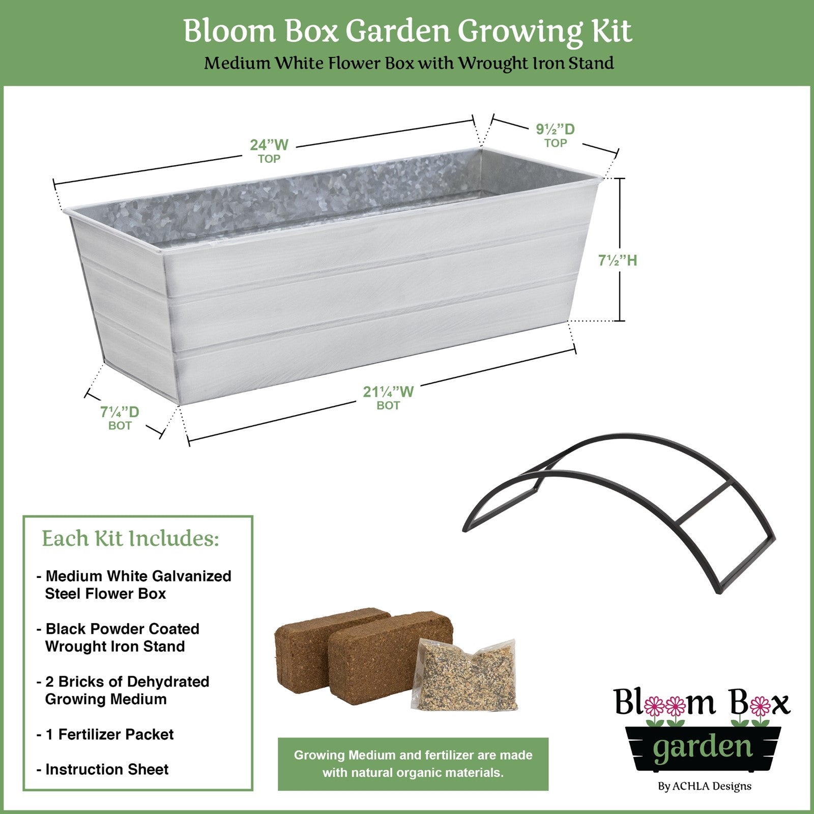 Achla Bloom Box Garden Growing Kit, Medium White | Galvanized Steel and Wrought Iron | Deck & Balcony Container Garden | 24 x 9.5 | Model C-20W-S-GK2
