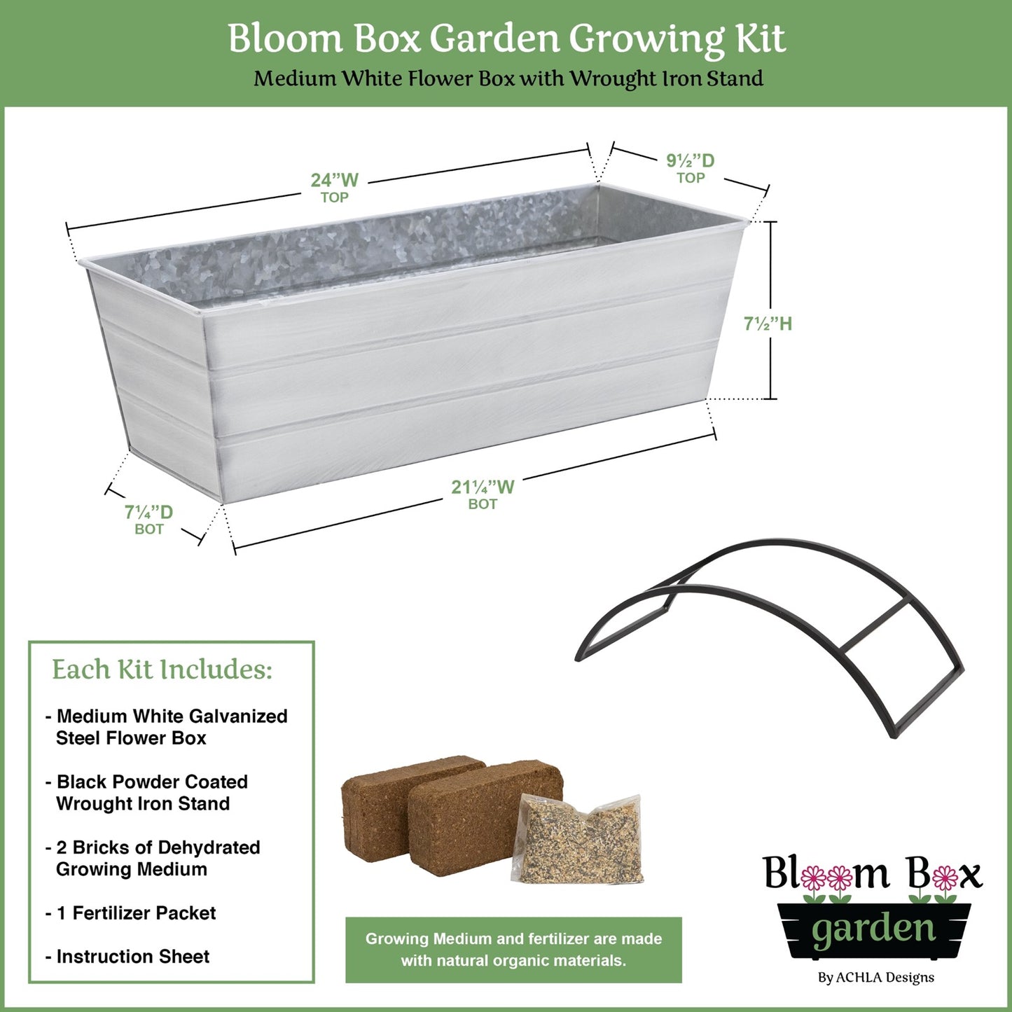 Achla Bloom Box Garden Growing Kit Medium White | Galvanized Steel and Wrought Iron | Deck & Balcony Container Garden | 24 x 9.5 x | Model C-20W-S-GK2