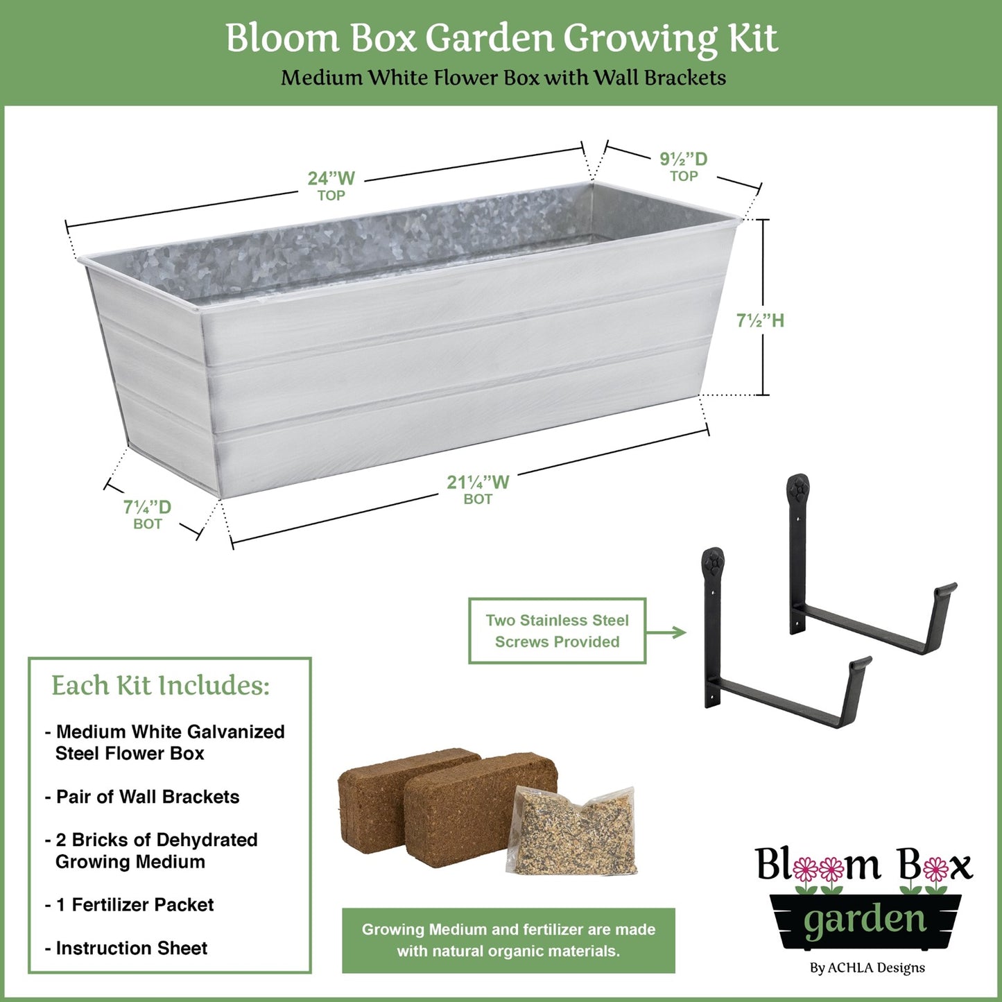 Achla Bloom Box Garden Growing Kit Medium White | Galvanized Steel and Wrought Iron | Deck, Porch & Balcony Container Garden | 24 | Model C-20W-WM-GK2