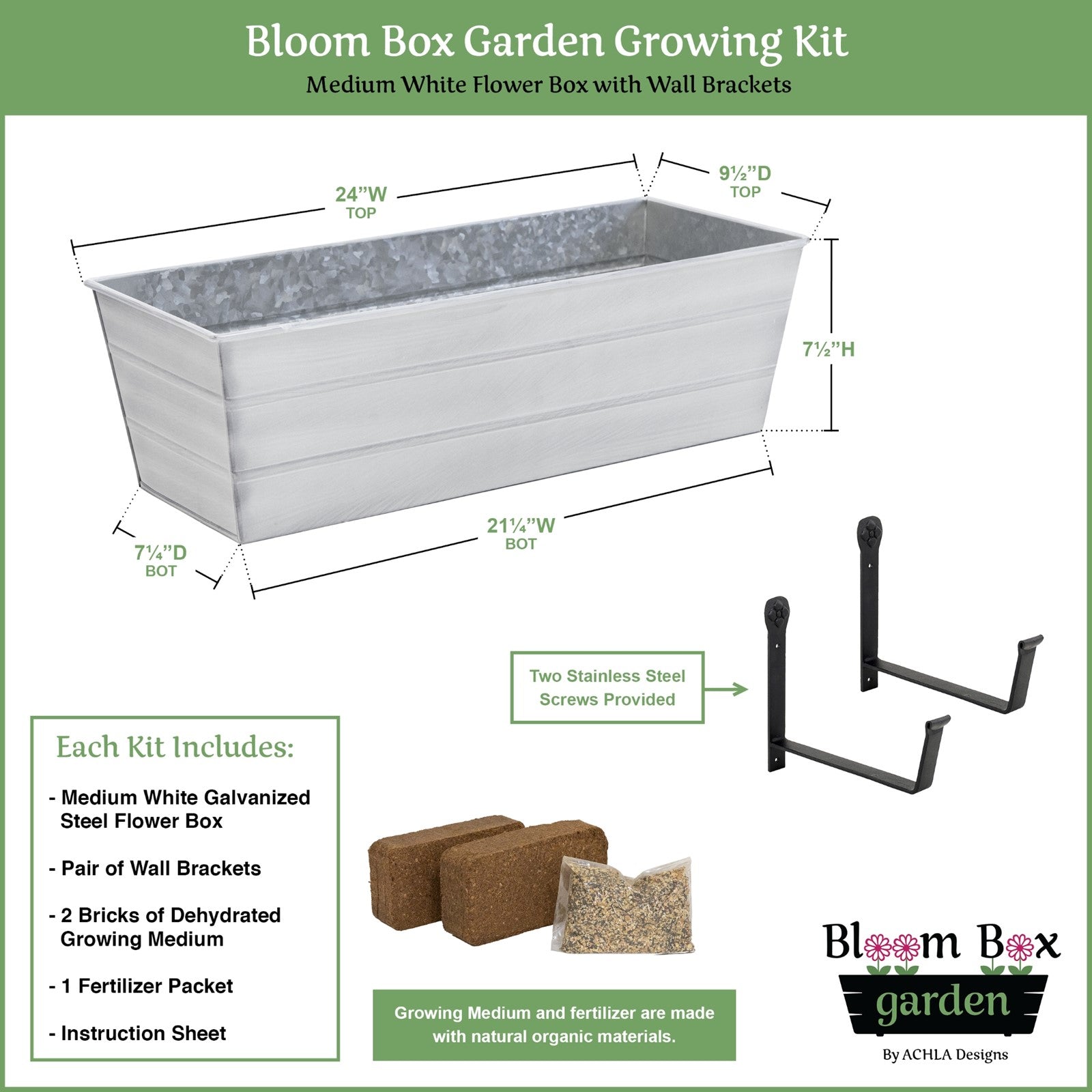 Achla Bloom Box Garden Growing Kit Medium White | Galvanized Steel and Wrought Iron | Deck, Porch & Balcony Container Garden | 24 | Model C-20W-WM-GK2