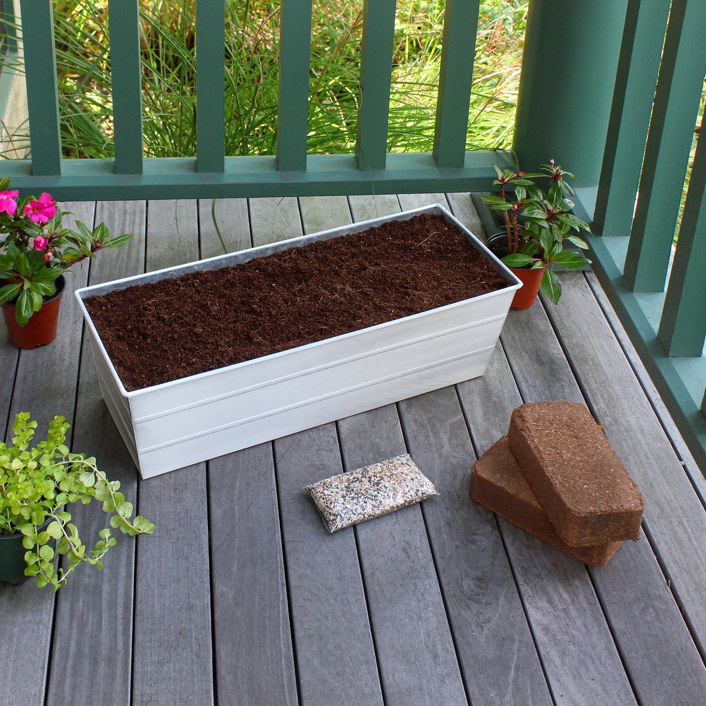 Achla Bloom Box Garden Growing Kit Medium White | Galvanized Steel & Wrought Iron | Deck, Porch & Balcony Container Garden | Model C-20W-WM-GK2