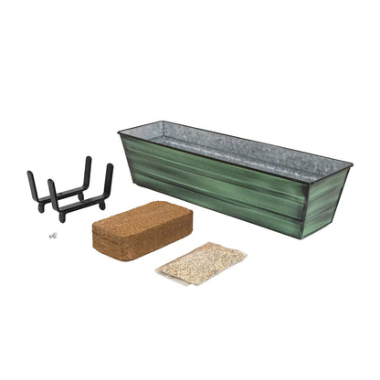 Achla Bloom Box Small Green Planter | Galvanized Steel with Green Patina Finish and Black Wrought Iron Railing Brackets | Deck & Balcony | Model C08-K4-GK