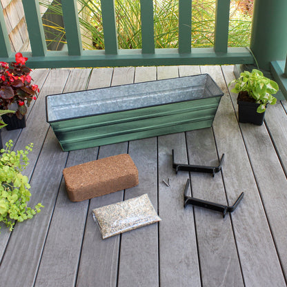 Achla Bloom Box Small Green Planter | Galvanized Steel with Green Patina Finish and Black Wrought Iron Railing Brackets | Deck & Balcony | Model C08-K4-GK