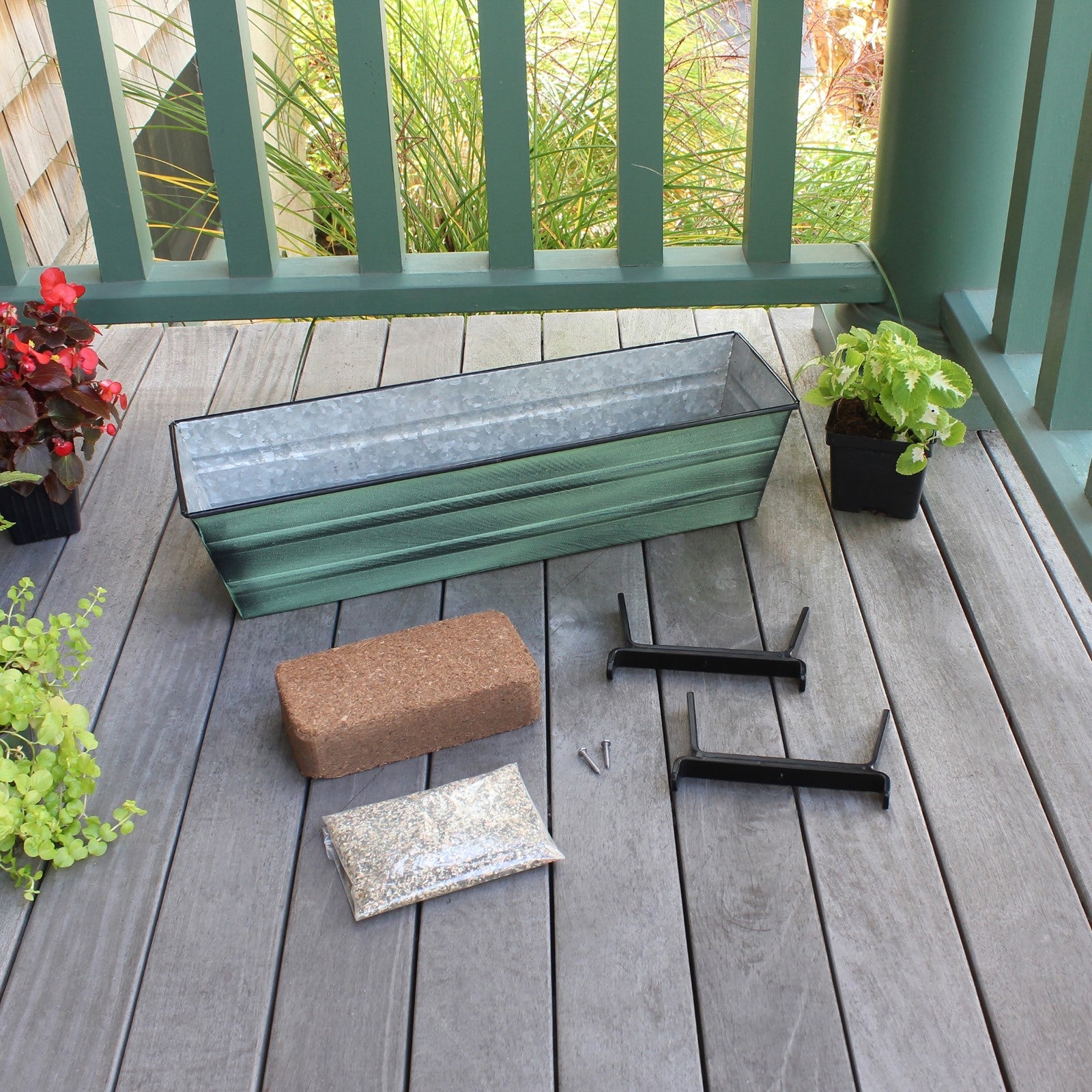 Achla Bloom Box Small Green Patina Galvanized Steel Planter | Railing Mount for 2x6 Rails | Deck & Balcony Garden Kit | 22 x 6.5 x 6.25 | Model C08-K6-GK