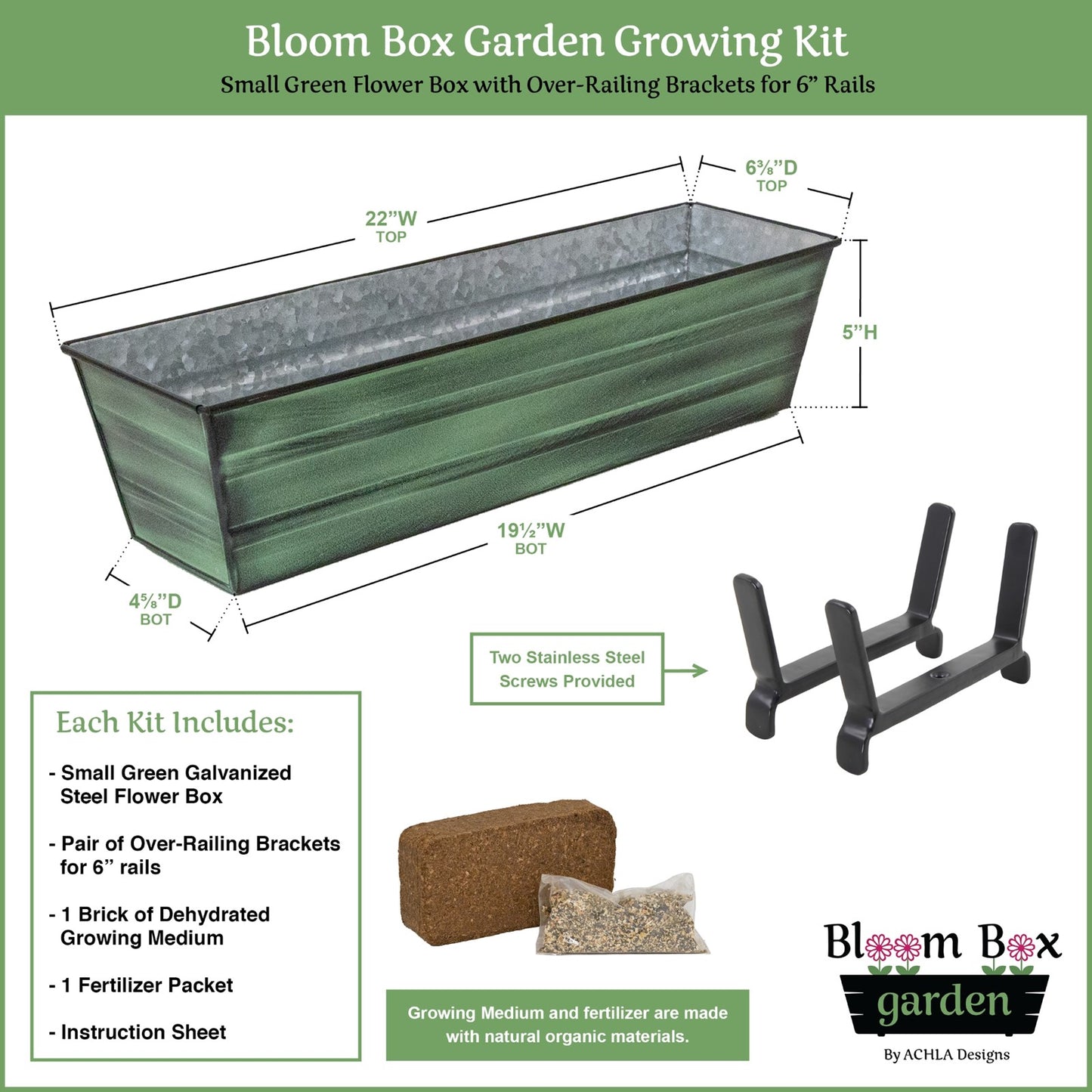 Achla Bloom Box Small Green Patina Galvanized Steel Planter | Railing Mount for 2x6 Rails | Deck & Balcony Garden Kit | Model C08-K6-GK
