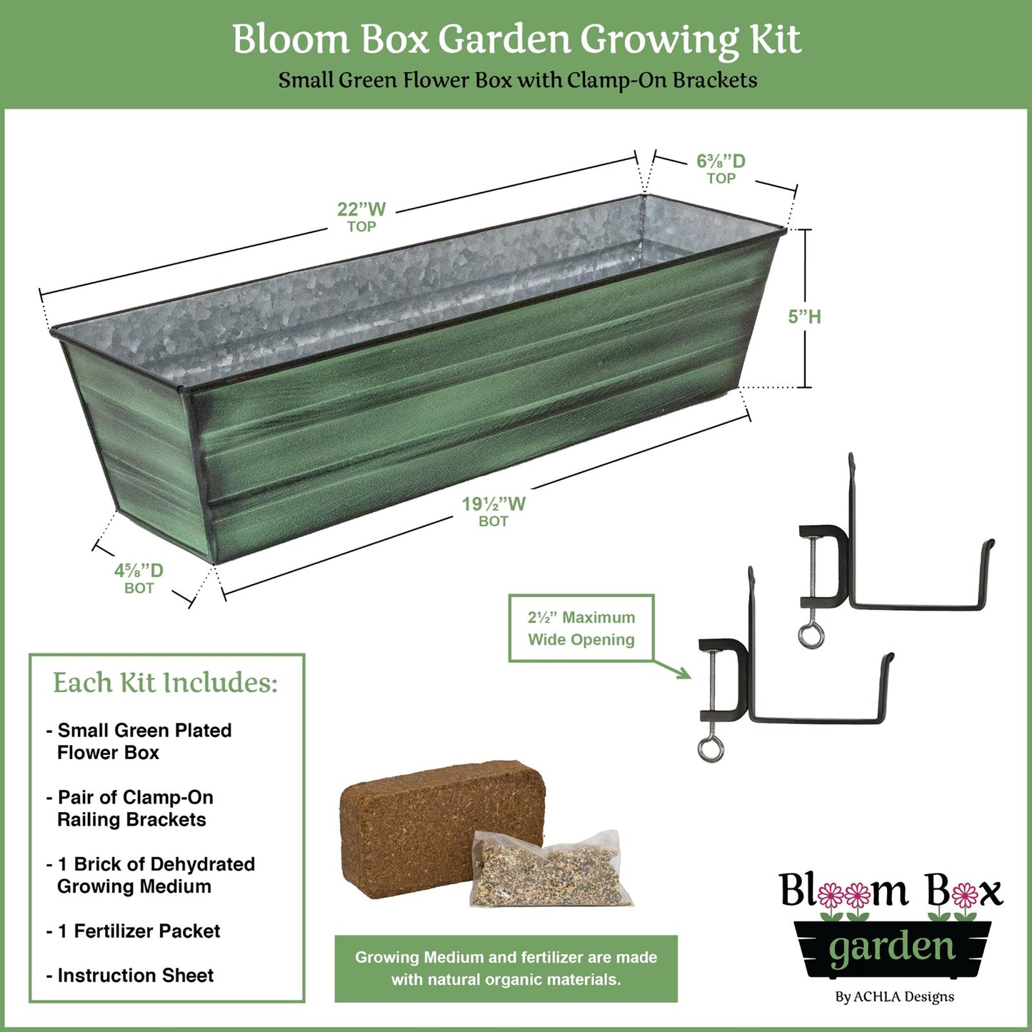 Achla Bloom Box Garden Growing Kit Small Green Patina | Galvanized Steel and Wrought Iron | Deck, Porch & Balcony Container Garden | 22 | Model C08-RM-GK