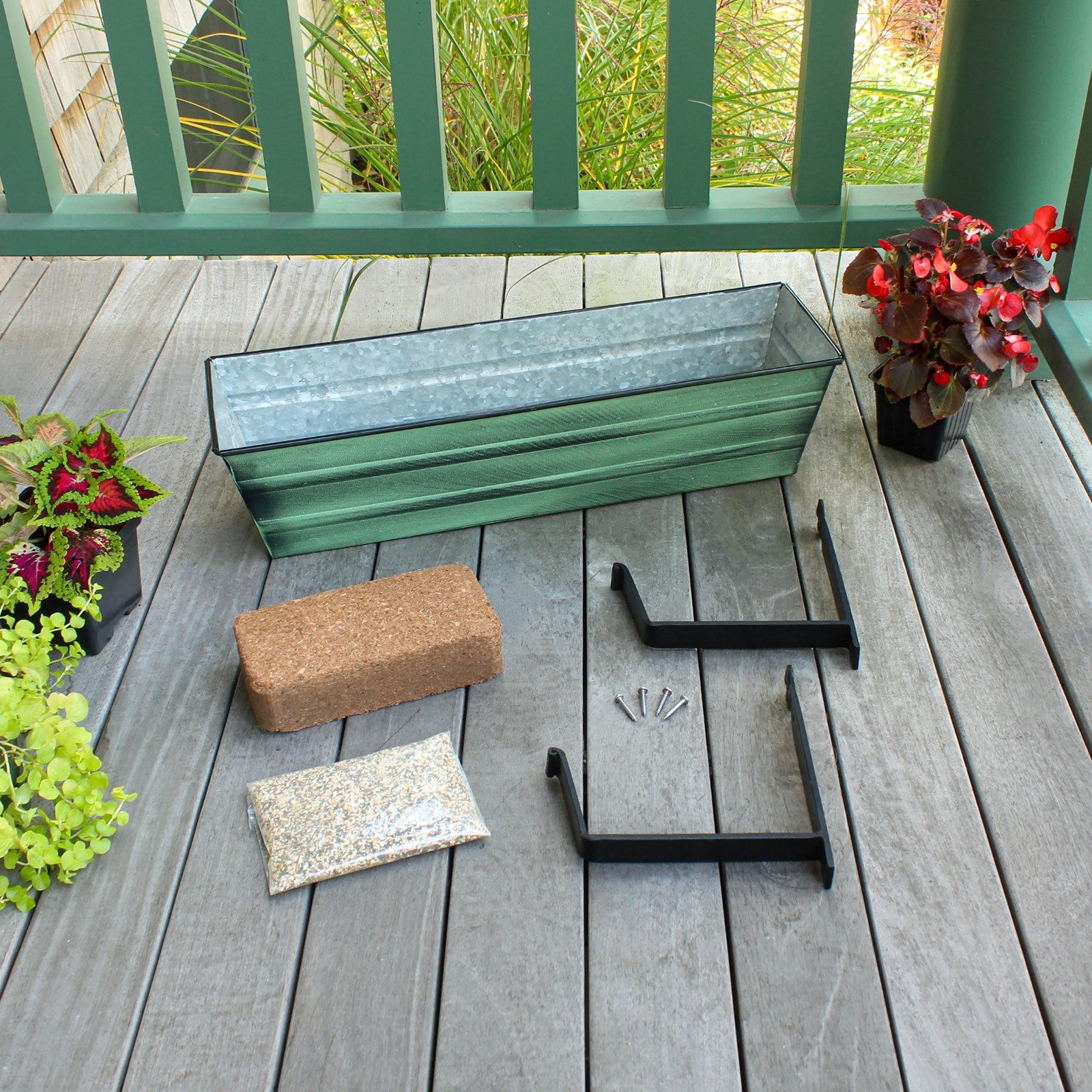Achla Bloom Box Small Green Garden Growing Kit | Galvanized Steel with Wrought Iron Brackets | Balcony & Deck Container Garden | 22 | Model C08-WM-GK