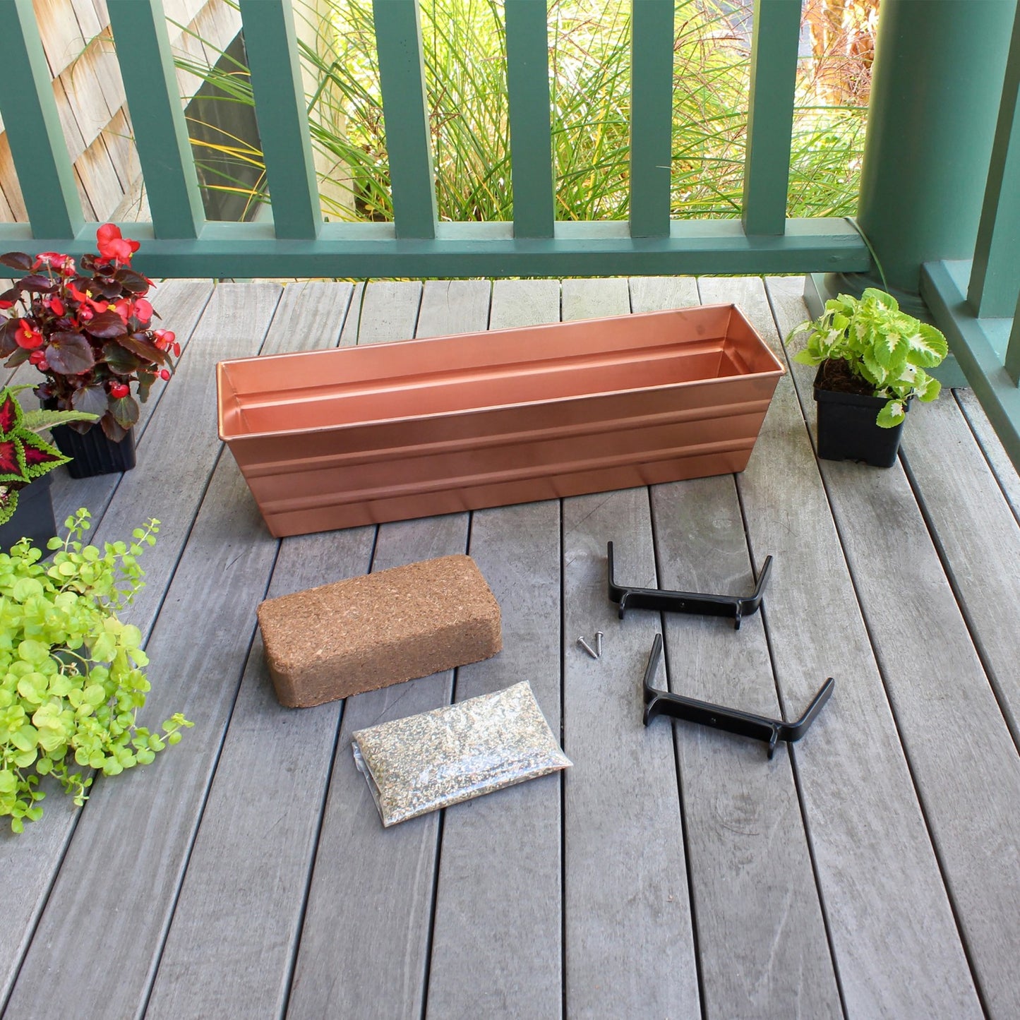 Achla Bloom Box 22in Small Garden Growing Kit | Copper Plated Galvanized Steel & Black Wrought Iron | Deck & Porch Container Garden | Model C08C-K4-GK