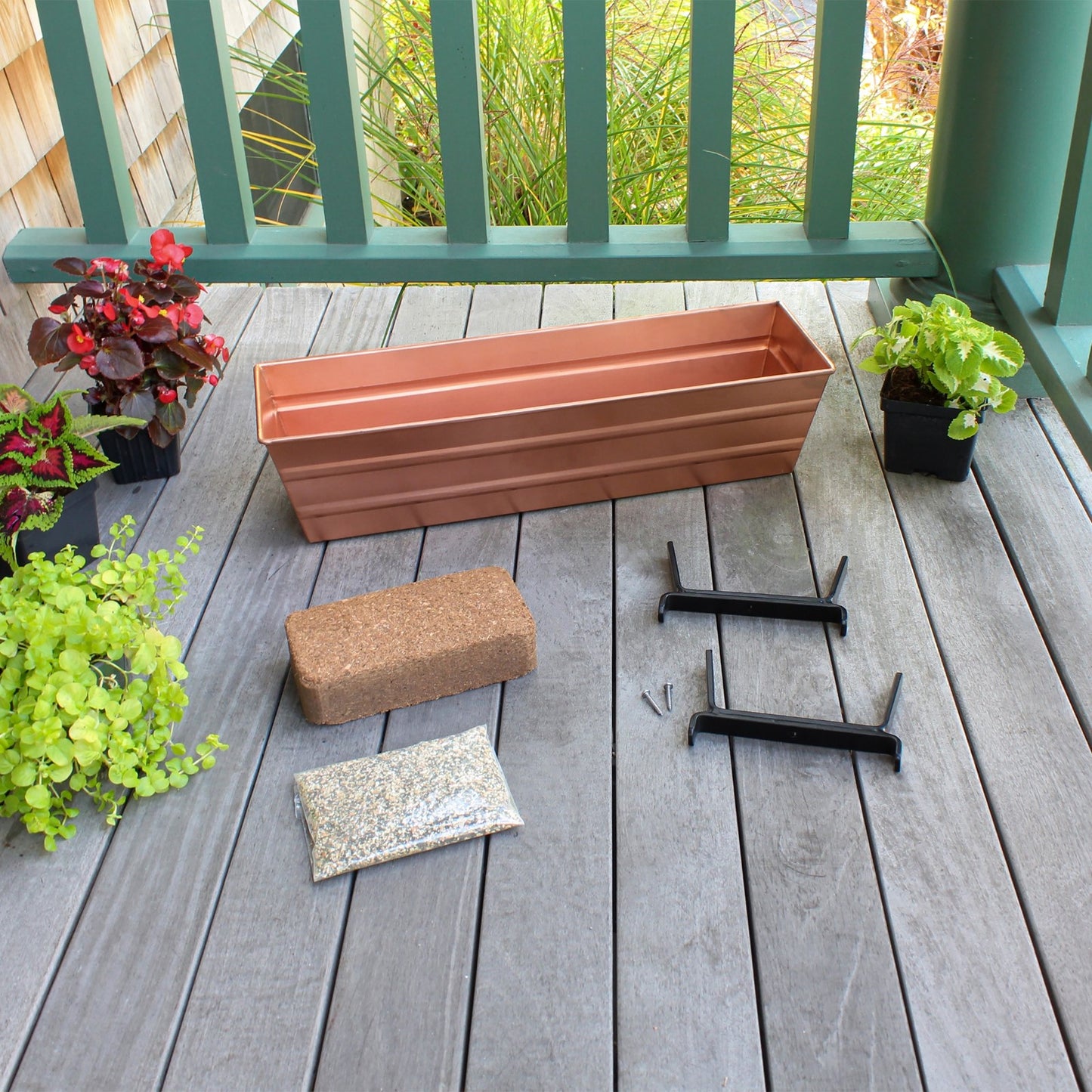 Achla Bloom Box 22in Small Garden Growing Kit | Copper Plated Galvanized Steel & Black Wrought Iron | Deck & Porch Railing Planter | Model C08C-K6-GK