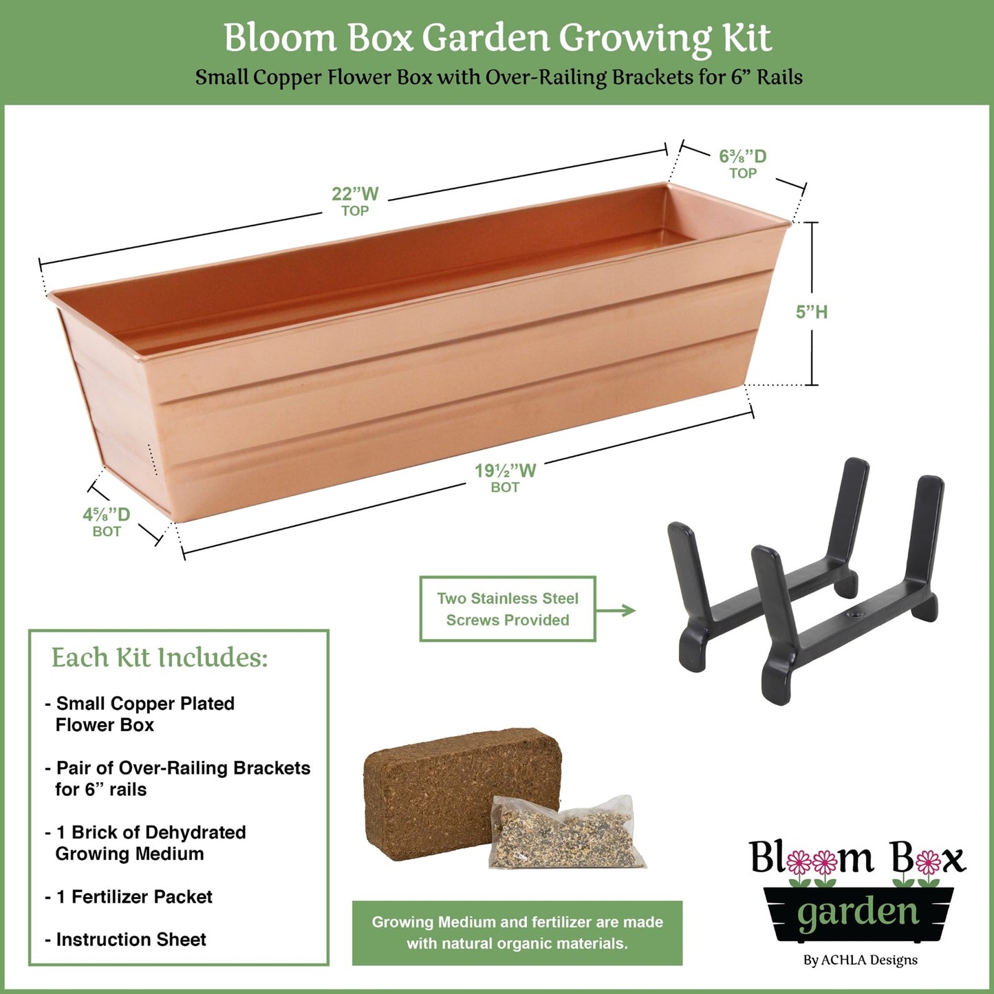 Achla Bloom Box 22in Small Garden Growing Kit | Copper Plated Galvanized Steel & Black Wrought Iron | Deck & Porch Railing Planter | Model C08C-K6-GK