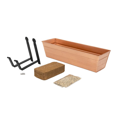 Achla Bloom Box Small Copper Planter | Galvanized Steel with Copper Plated Finish and Black Wrought Iron Wall Brackets | Wall-Mounted | Model C08C-WM-GK