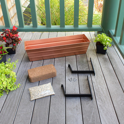 Achla Bloom Box Small Copper Planter | Galvanized Steel with Copper Plated Finish and Black Wrought Iron Wall Brackets | Wall-Mounted | Model C08C-WM-GK