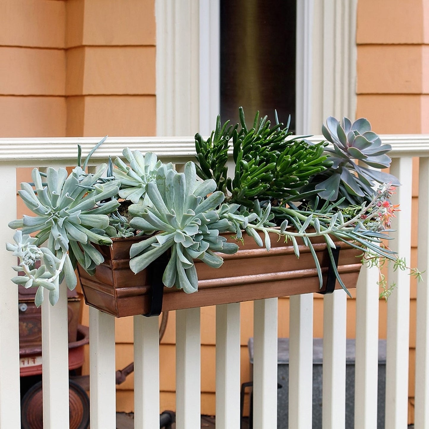 Achla Bloom Box Small Copper Planter | Galvanized Steel with Copper Plated Finish and Black Wrought Iron Wall Brackets | Wall-Mounted | Model C08C-WM-GK