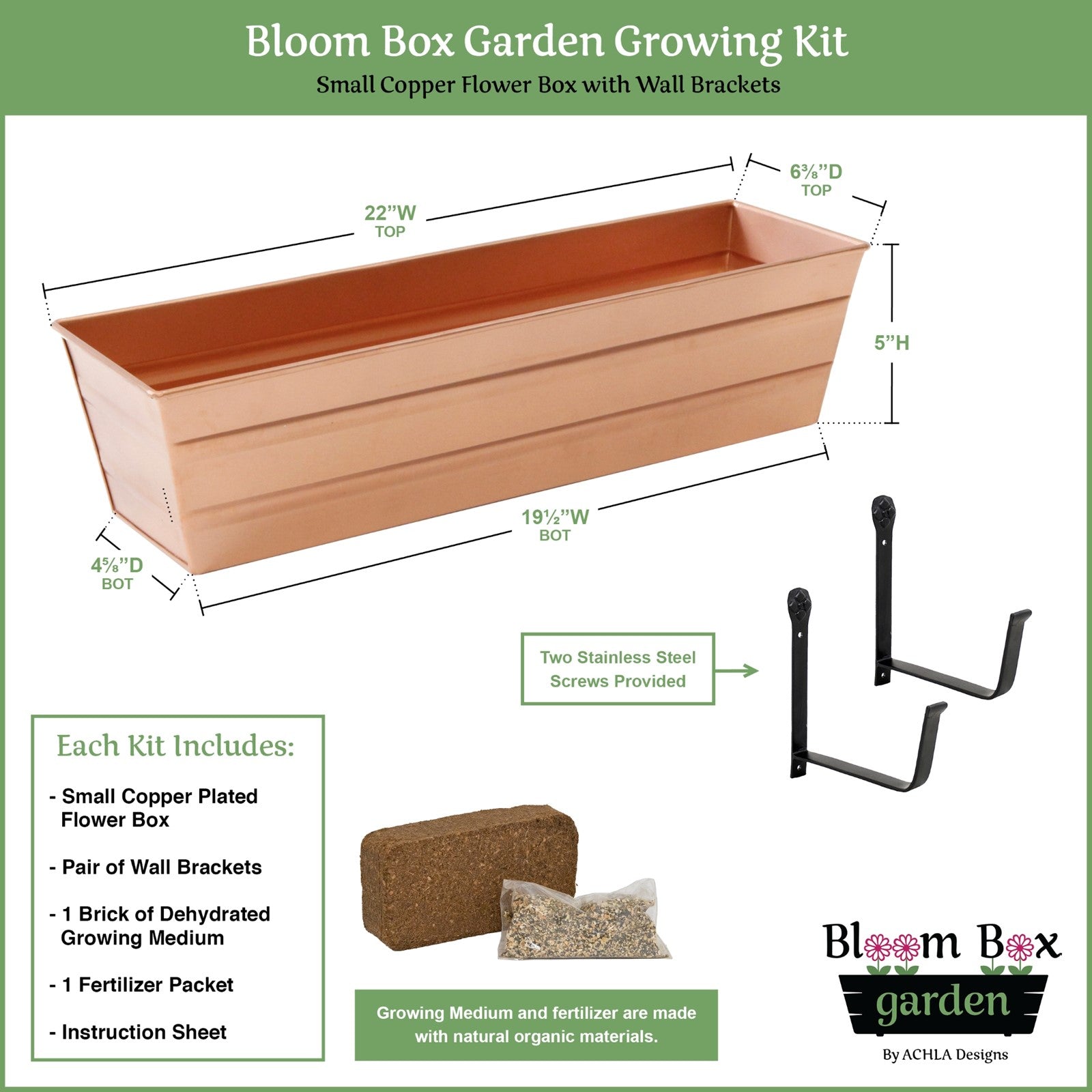 Achla Bloom Box Small Copper Planter | Galvanized Steel with Copper Plated Finish and Black Wrought Iron Wall Brackets | Wall-Mounted | Model C08C-WM-GK