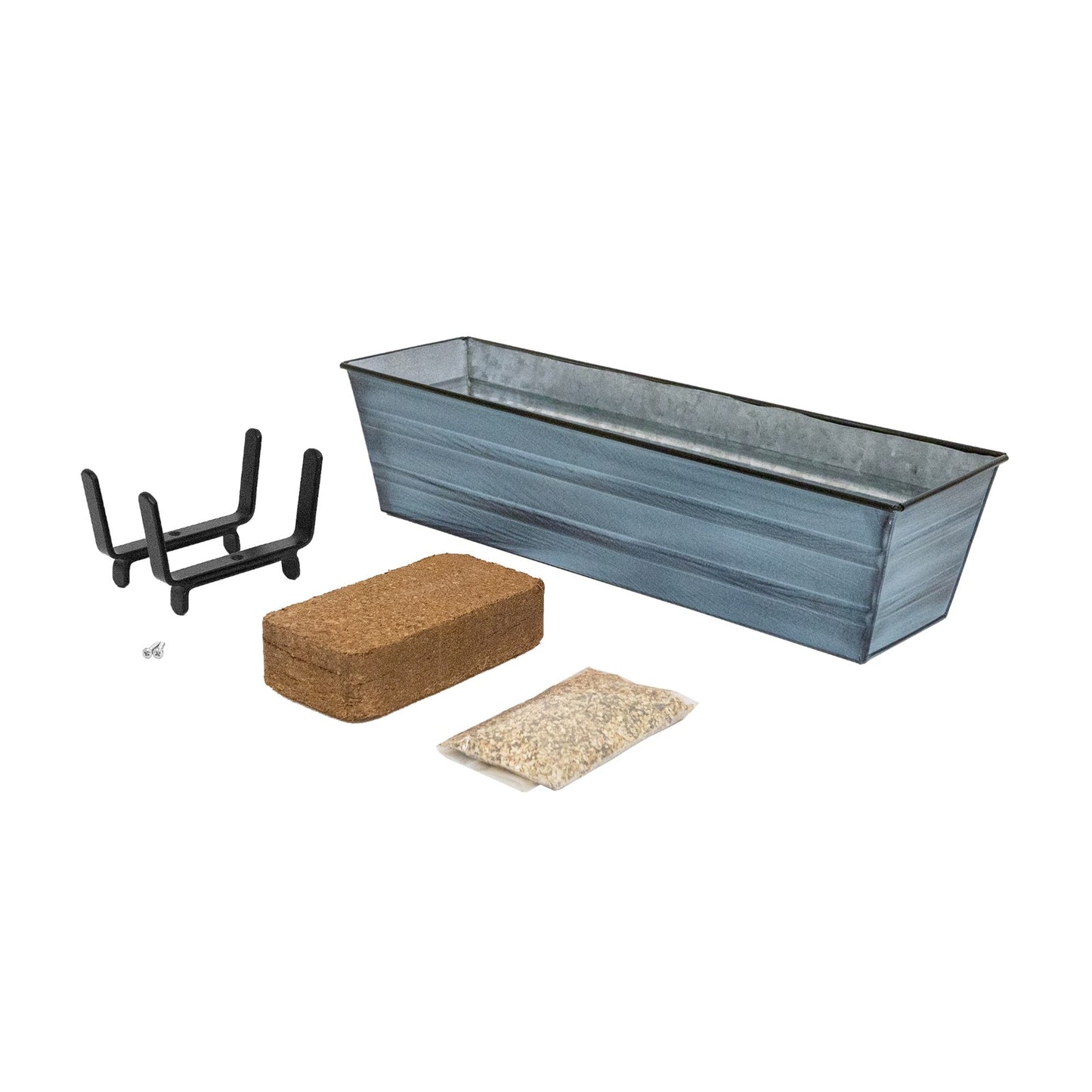 Achla Bloom Box Small 22in Galvanized Steel Planter | Nantucket Blue Patina and Black Wrought Iron Brackets | Deck & Balcony | Model C08NB-K4-GK