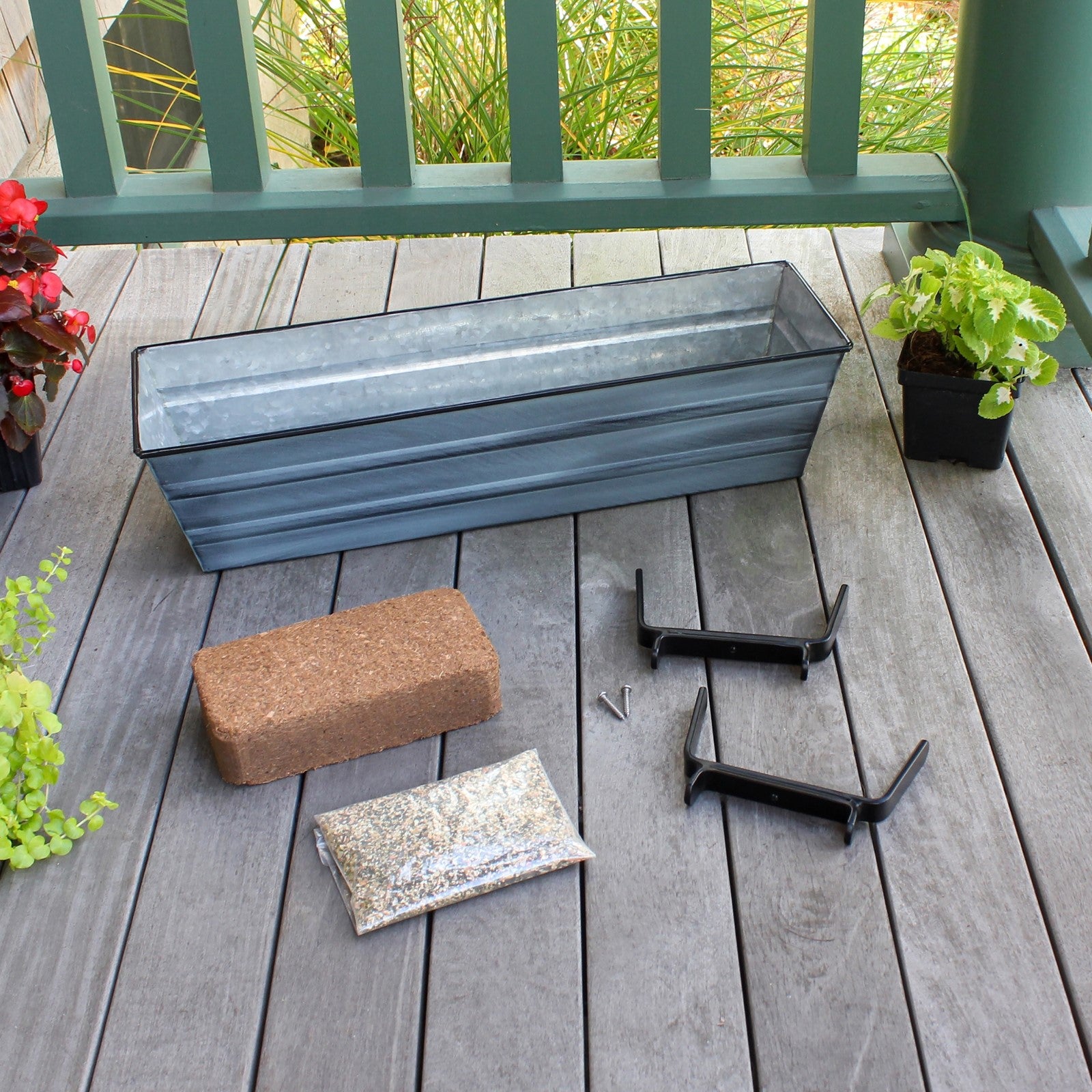 Achla Bloom Box Small Nantucket Blue Galvanized Steel Planter | Railing Mount for 2x4 Rails | Deck & Balcony Garden Kit | 22 x 6.5 | Model C08NB-K4-GK