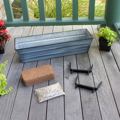 Achla Bloom Box Small 22in Galvanized Steel Planter | Nantucket Blue Patina and Black Wrought Iron Brackets | Deck & Balcony | Model C08NB-K4-GK
