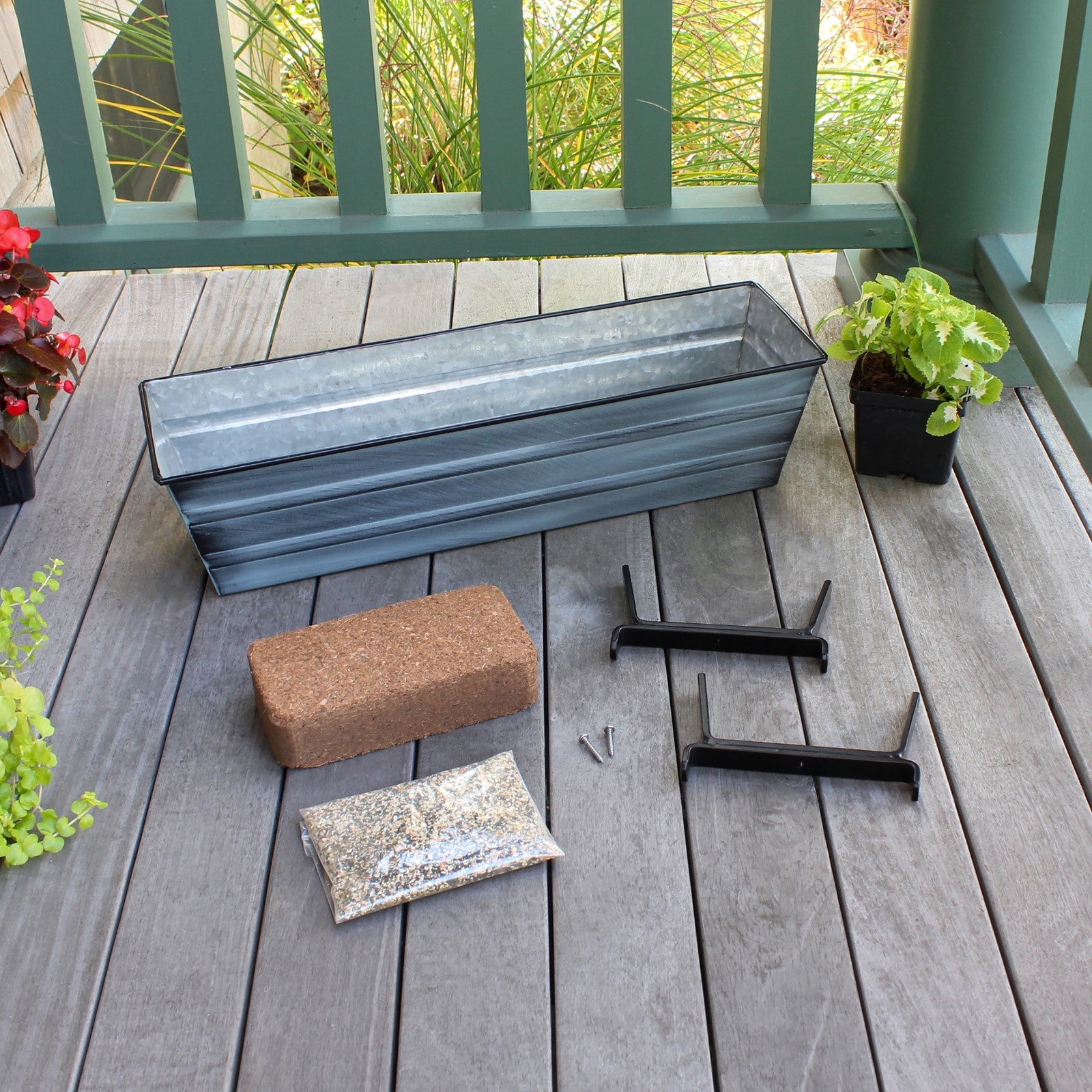 Achla Bloom Box Small Nantucket Blue Galvanized Steel Planter | Railing Mount for 2x6 Rails | Deck & Balcony Garden Kit | 22 x 6.5 | Model C08NB-K6-GK