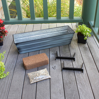 Achla Bloom Box Small 22in Galvanized Steel Planter | Nantucket Blue Patina and Black Powdercoat | Deck & Balcony Railing Garden | Model C08NB-K6-GK