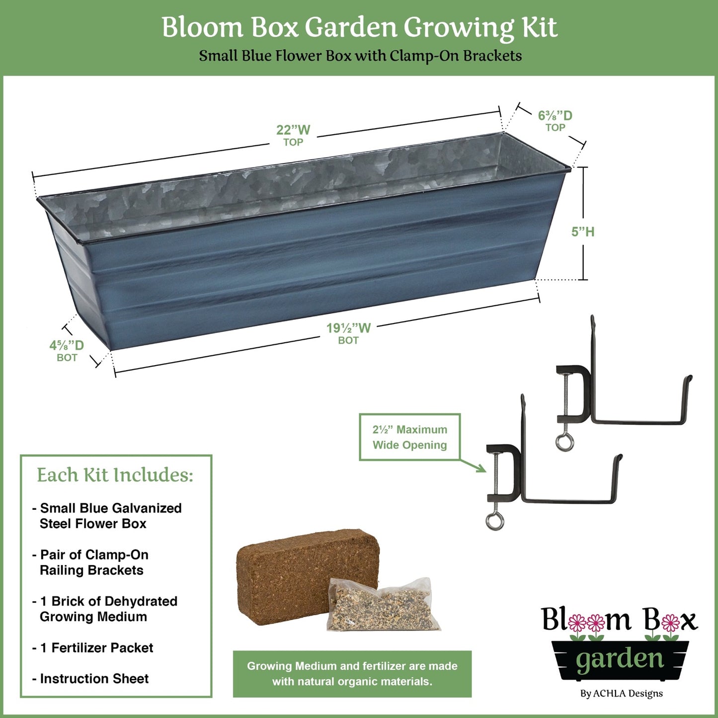 Achla Bloom Box Garden Growing Kit Small | Nantucket Blue Galvanized Steel and Wrought Iron | Deck, Porch & Balcony Container | Model C08NB-RM-GK