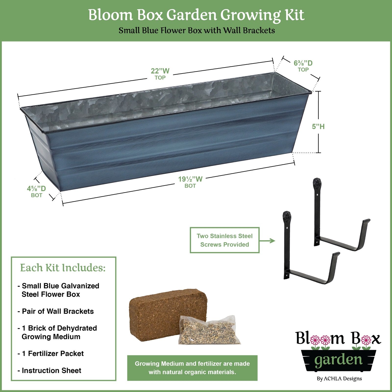Achla Bloom Box Garden Growing Kit Small Nantucket Blue | Galvanized Steel and Wrought Iron | Deck, Porch & Balcony Wall-Mounted | Model C08NB-WM-GK