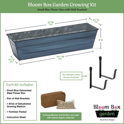 Achla Bloom Box Garden Growing Kit Small Nantucket Blue | Galvanized Steel and Wrought Iron | Deck, Porch & Balcony Wall-Mounted | Model C08NB-WM-GK