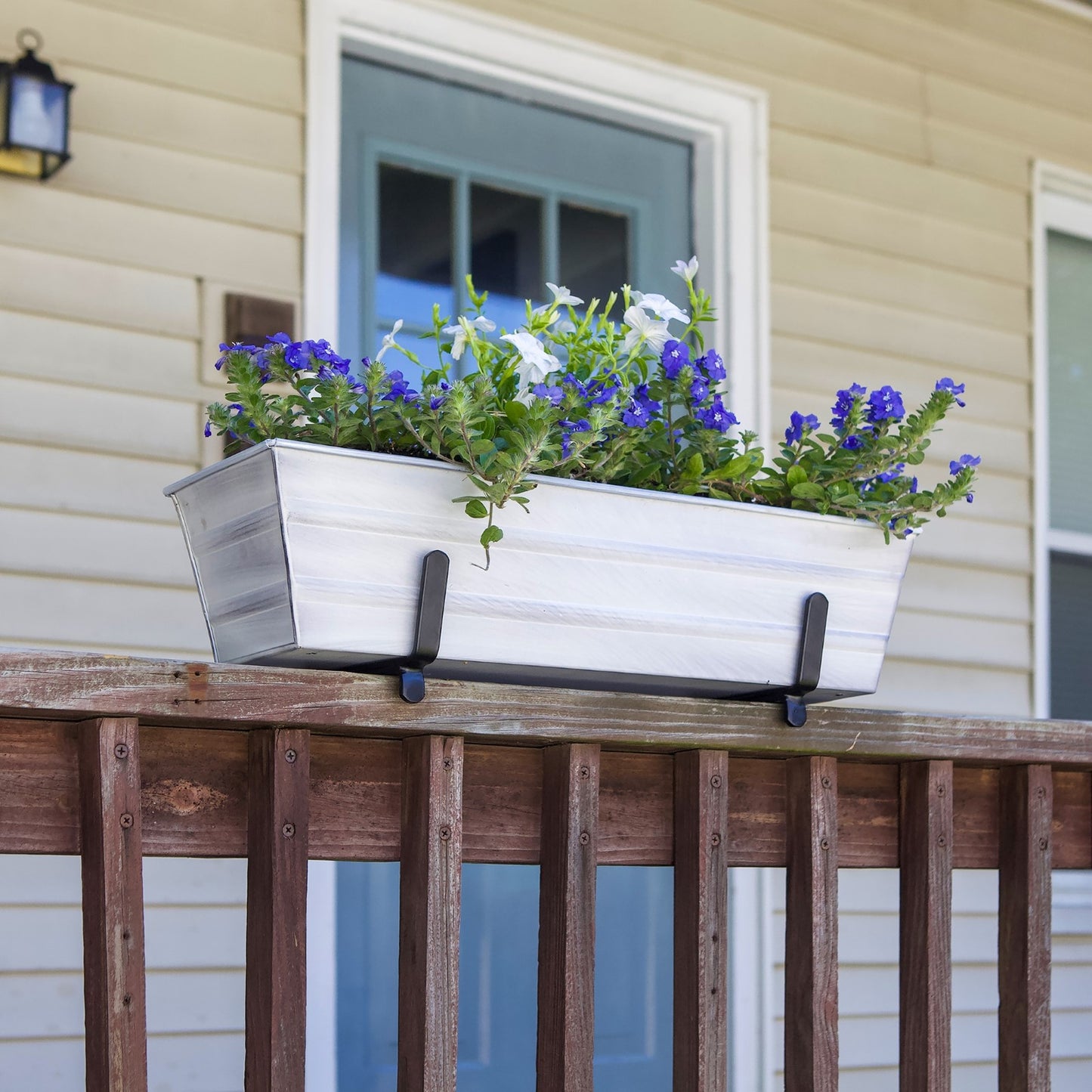 Achla Bloom Box Garden Growing Kit Small White with 2x4 Railing Brackets | Galvanized Steel & Wrought Iron | Deck & Balcony Container | Model C08W-K4-GK