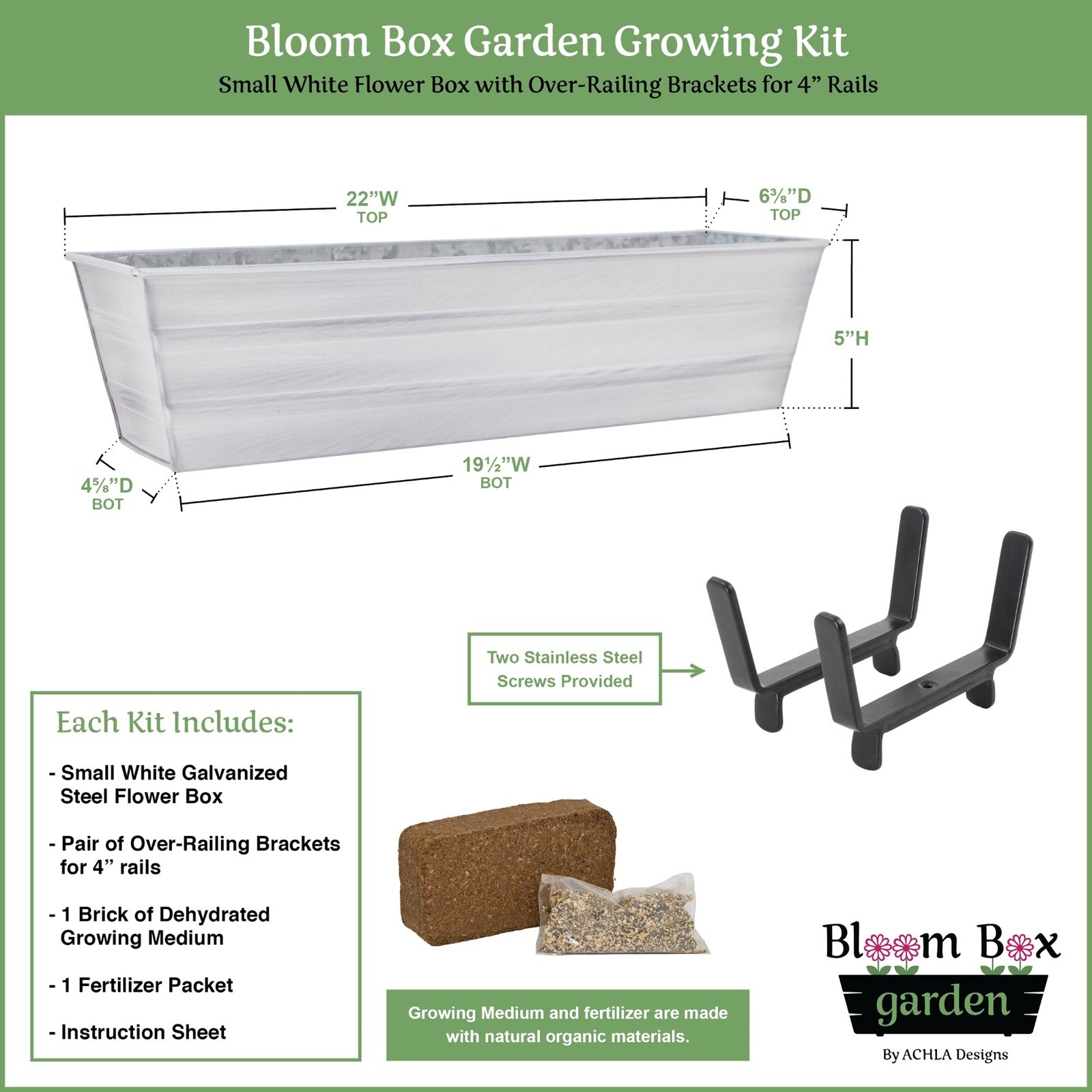 Achla Bloom Box Garden Growing Kit Small White with 2x4 Railing Brackets | Galvanized Steel & Wrought Iron | Deck & Balcony Container | Model C08W-K4-GK