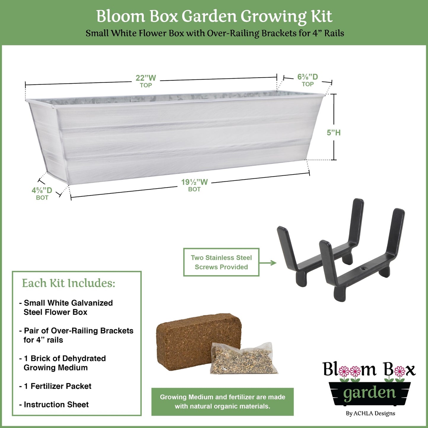 Achla Bloom Box Garden Growing Kit Small White | Galvanized Steel & Wrought Iron | Deck & Balcony Container | Model C08W-K4-GK