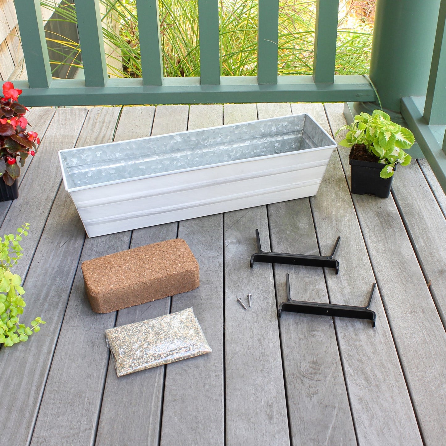 Achla Bloom Box Garden Growing Kit Small White with 2x6 Railing Brackets | Galvanized Steel & Wrought Iron | Deck & Balcony Container | Model C08W-K6-GK