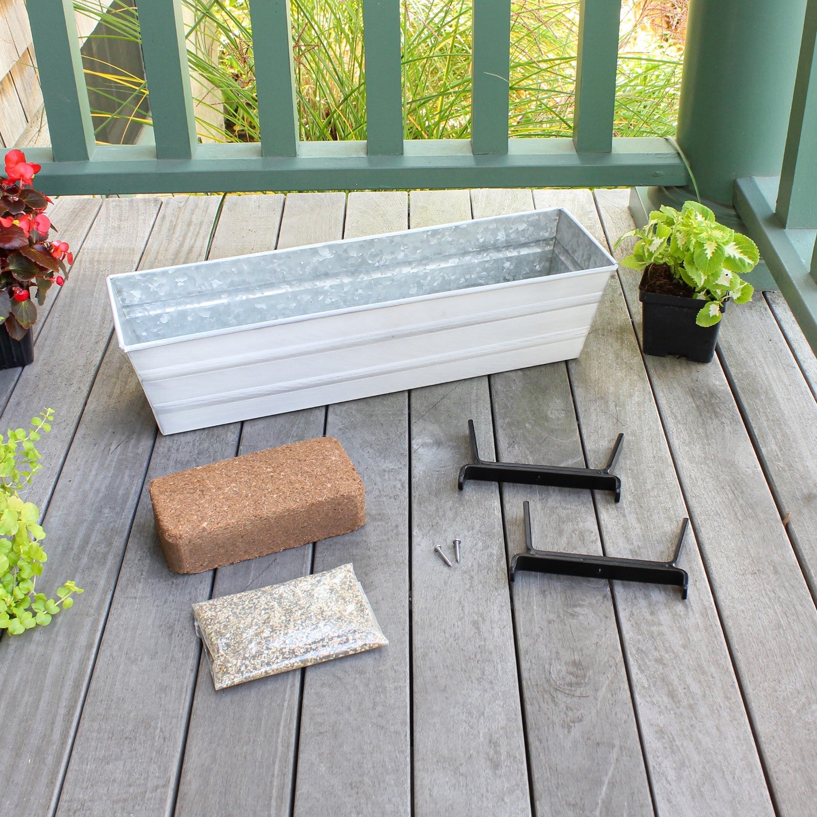 Achla Bloom Box Garden Growing Kit Small White with 2x6 Railing Brackets | Galvanized Steel & Wrought Iron | Deck & Balcony Container | Model C08W-K6-GK