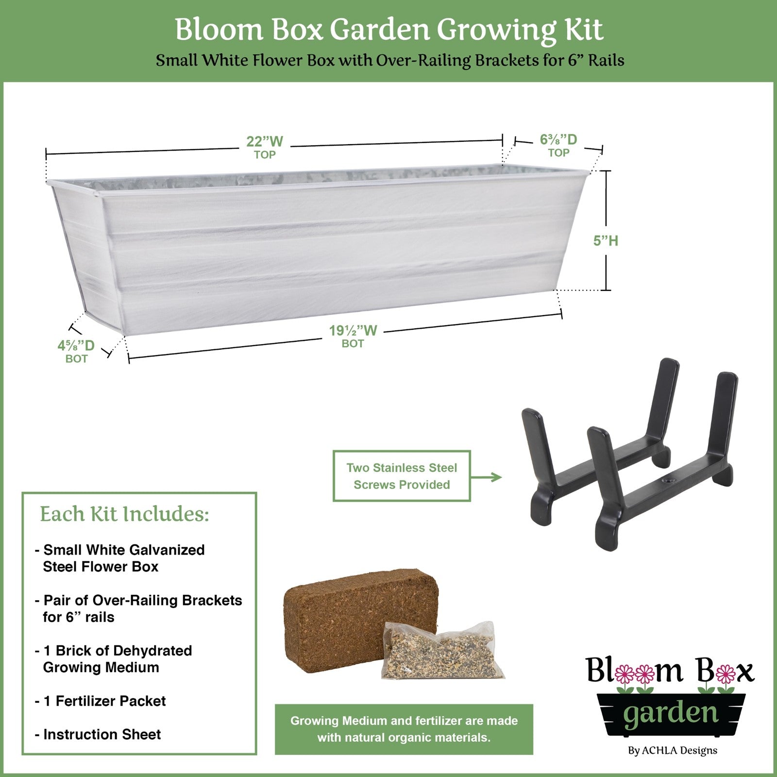 Achla Bloom Box Garden Growing Kit Small White with 2x6 Railing Brackets | Galvanized Steel & Wrought Iron | Deck & Balcony Container | Model C08W-K6-GK