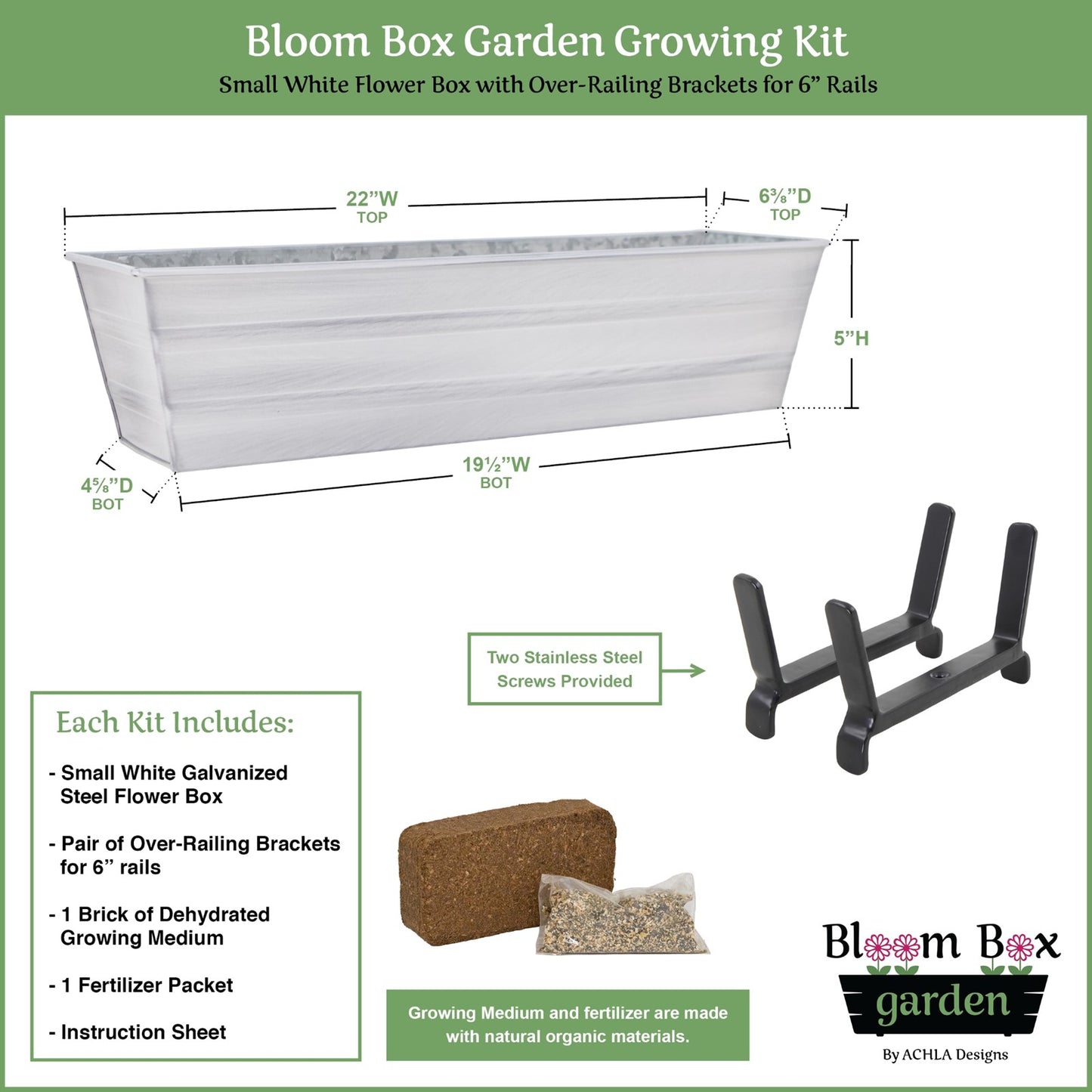 Achla Bloom Box Garden Growing Kit Small White 22in | Galvanized Steel & Wrought Iron | Deck & Balcony Container | Model C08W-K6-GK