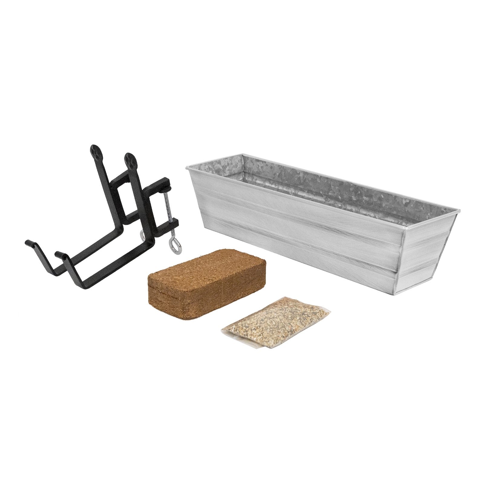 Achla Bloom Box Small White Garden Growing Kit | Galvanized Steel with Clamp-On Brackets | Deck & Railing Container Garden | 22 x 8 x 8 | Model C08W-RM-GK