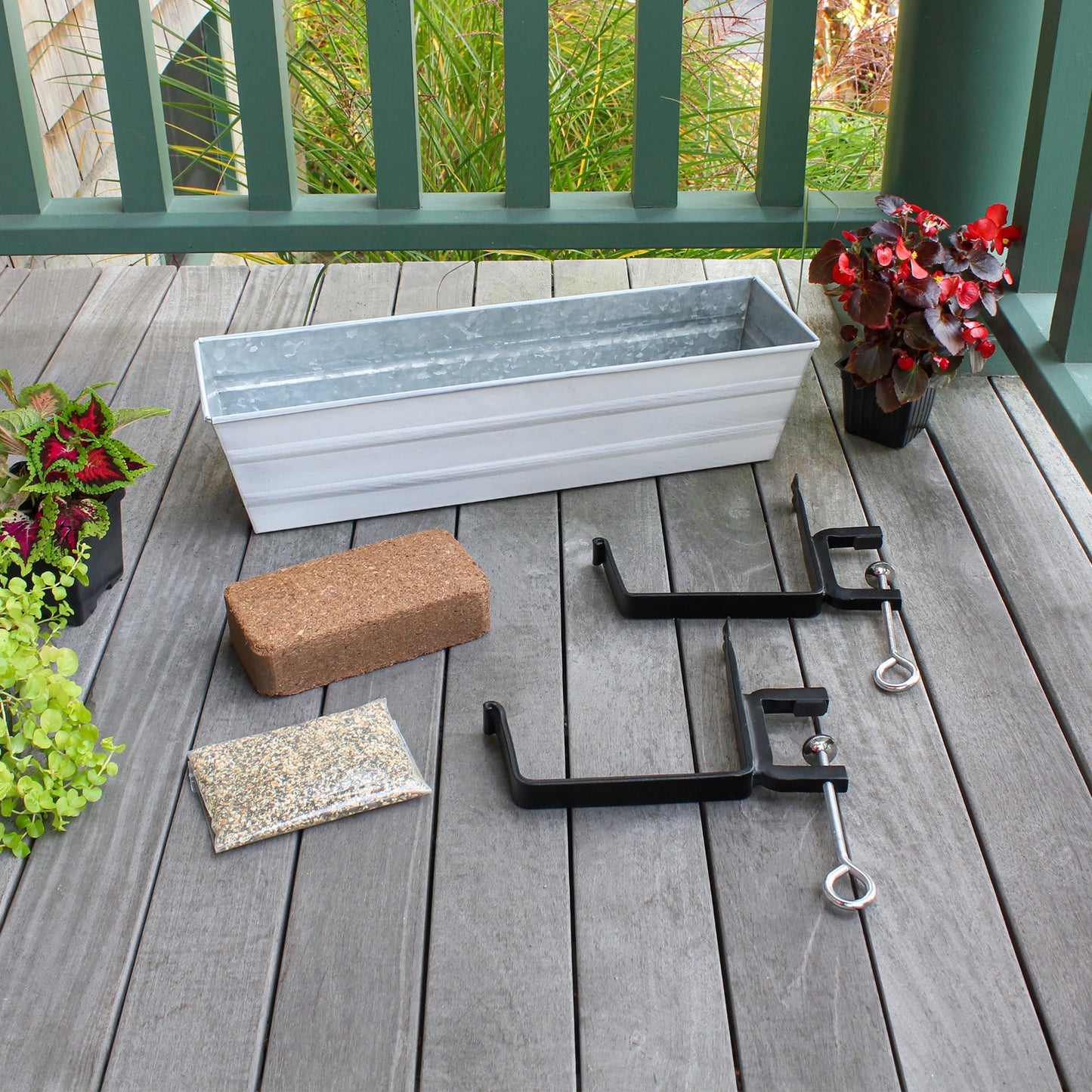 Achla Bloom Box Small White Garden Growing Kit | Galvanized Steel with Clamp-On Brackets | Deck & Railing Container Garden | Model C08W-RM-GK