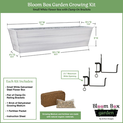 Achla Bloom Box Small White Garden Growing Kit | Galvanized Steel with Clamp-On Brackets | Deck & Railing Container Garden | 22 x 8 x 8 | Model C08W-RM-GK