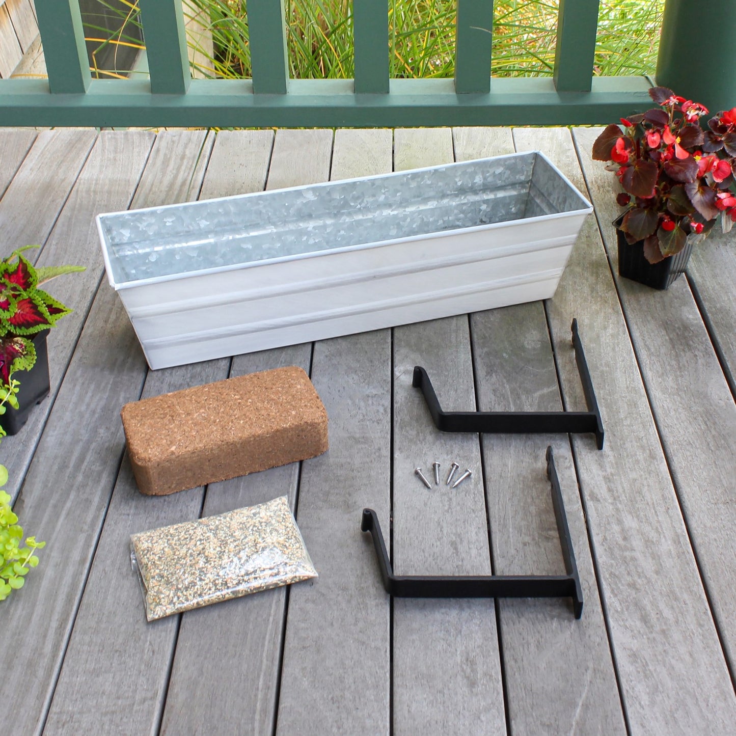 Achla Bloom Box Small White Garden Growing Kit | Galvanized Steel with Wall Brackets | Balcony & Deck Container Garden | 22 x 6.5 x 8 in | Model C08W-WM-GK