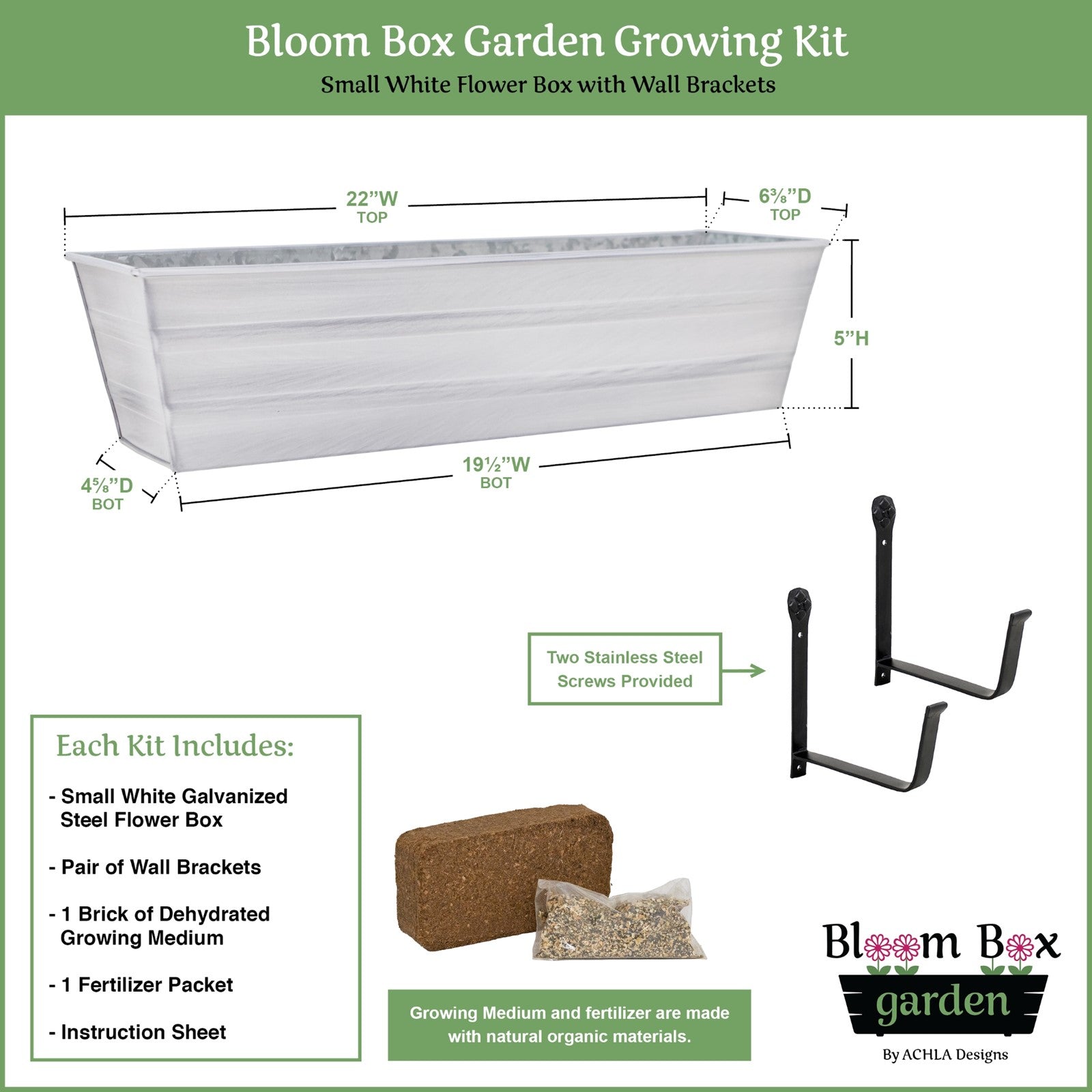 Achla Bloom Box Small White Garden Growing Kit | Galvanized Steel with Wall Brackets | Balcony & Deck Container Garden | 22 x 6.5 x 8 in | Model C08W-WM-GK