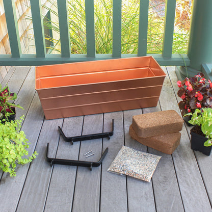 Achla Bloom Box Garden Growing Kit, Medium Copper with Brackets | Galvanized Steel Planter for 2x6 Railings | Deck & Balcony Container | Model C20C-K6-GK2