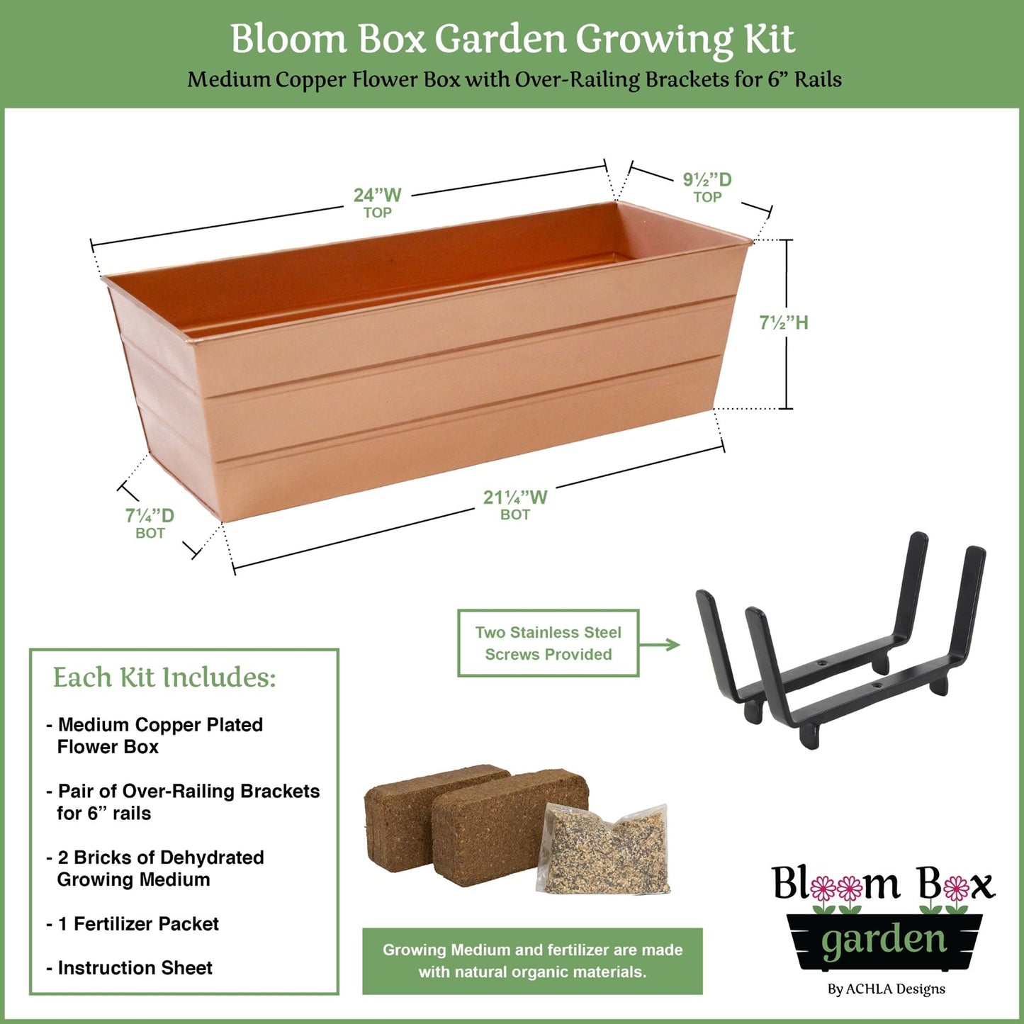 Achla Bloom Box Garden Growing Kit, Medium Copper with Brackets | Galvanized Steel Planter for 2x6 Railings | Deck & Balcony Container | Model C20C-K6-GK2