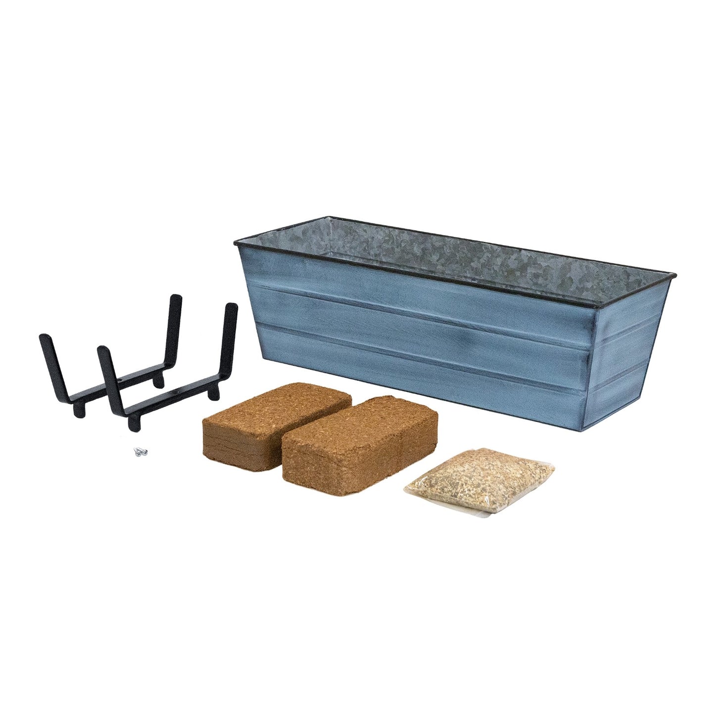 Achla Bloom Box Garden Growing Kit Medium Blue | Galvanized Steel and Wrought Iron | Deck Railing Planter for 2x6 Rails | Model C20NB-K6-GK2