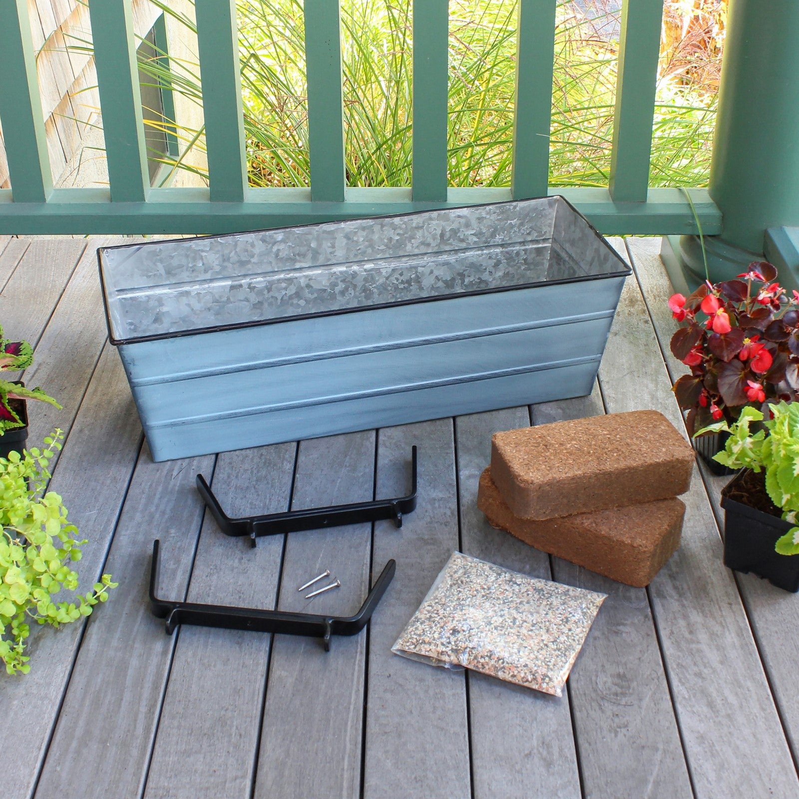 Achla Bloom Box Garden Growing Kit Medium Blue | Galvanized Steel with Blue Patina Finish | Deck Railing Planter for 2x6 Rails | 24 | Model C20NB-K6-GK2