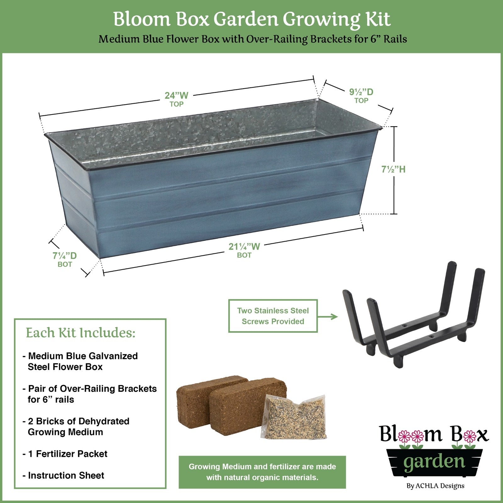 Achla Bloom Box Garden Growing Kit Medium Blue | Galvanized Steel with Blue Patina Finish | Deck Railing Planter for 2x6 Rails | 24 | Model C20NB-K6-GK2